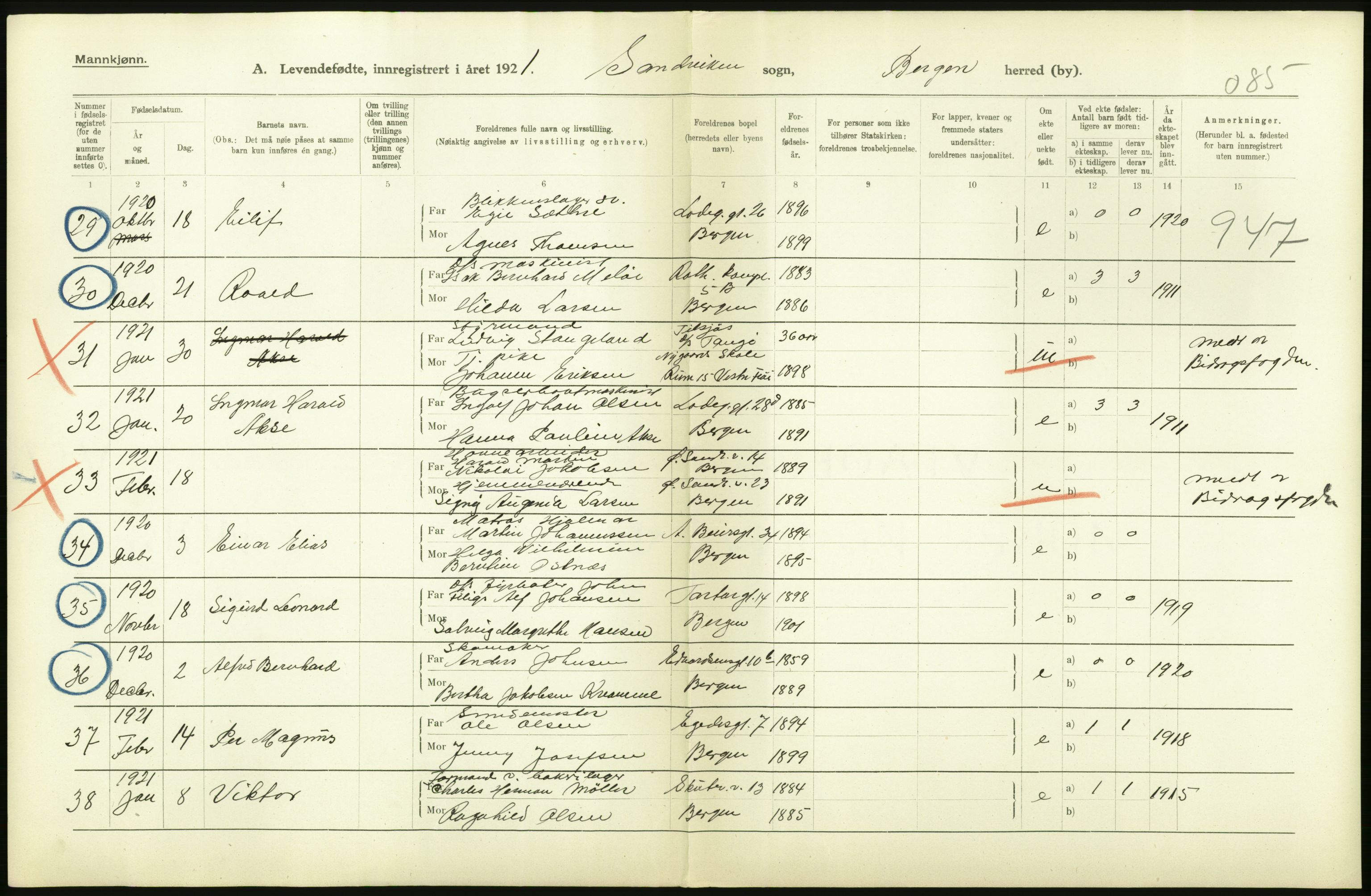 Statistisk sentralbyrå, Sosiodemografiske emner, Befolkning, AV/RA-S-2228/D/Df/Dfc/Dfca/L0034: Bergen: Levendefødte menn og kvinner., 1921, s. 10