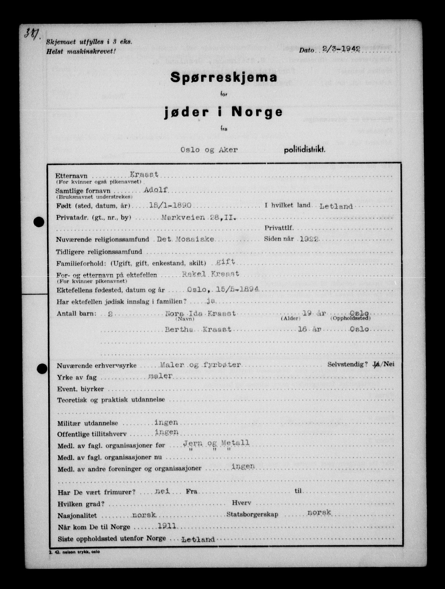 Statspolitiet - Hovedkontoret / Osloavdelingen, AV/RA-S-1329/G/Ga/L0010: Spørreskjema for jøder i Norge, Oslo Hansen-Pintzow, 1942, s. 360