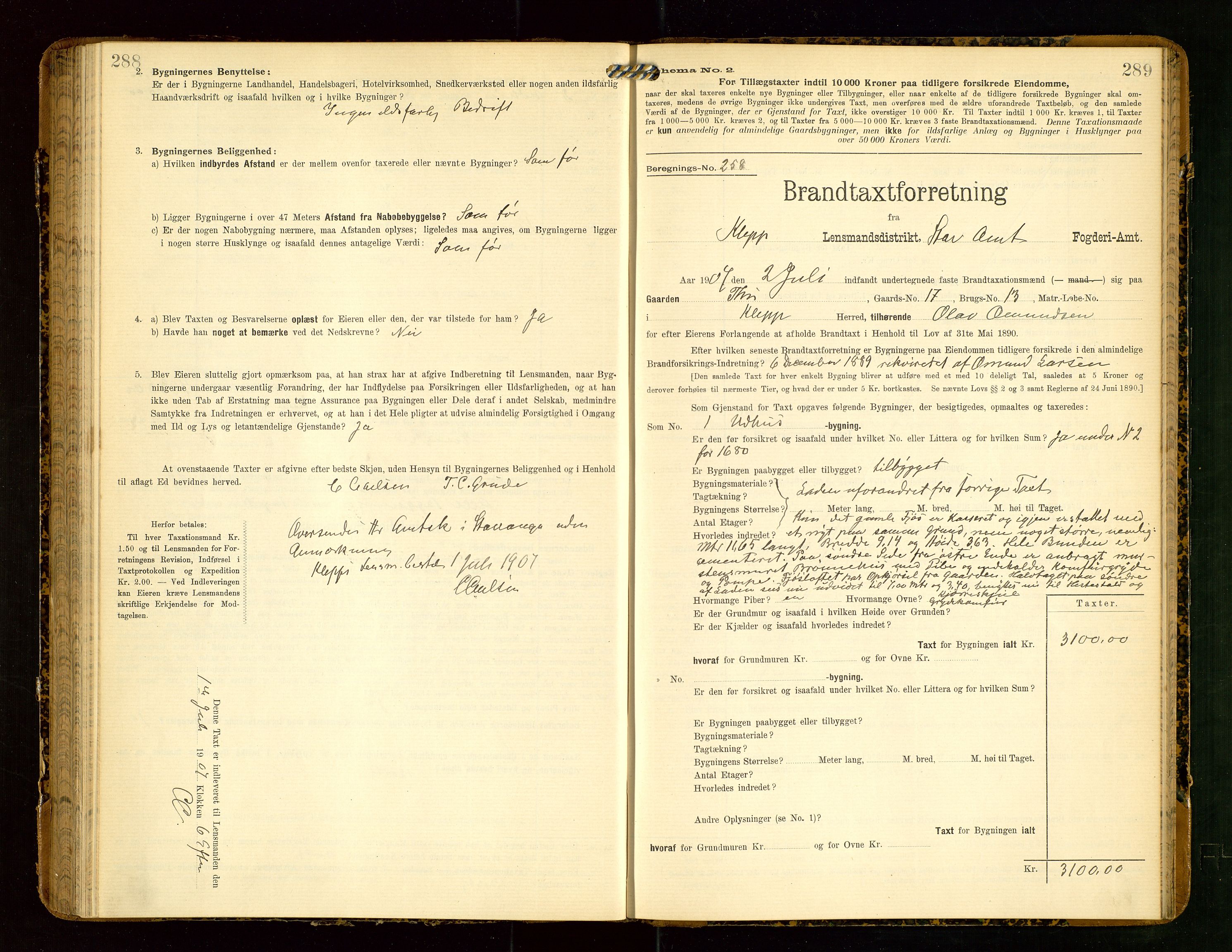 Klepp lensmannskontor, AV/SAST-A-100163/Goc/L0004: "Brandtaxationsprotokol" m/register, 1906-1908, s. 288-289