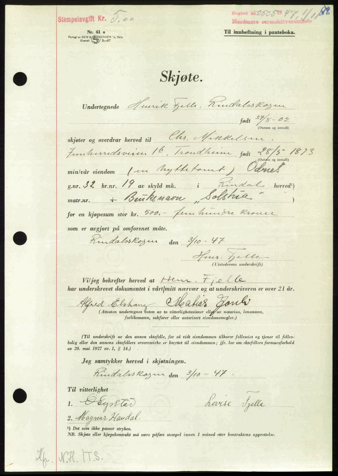 Nordmøre sorenskriveri, AV/SAT-A-4132/1/2/2Ca: Pantebok nr. A106, 1947-1947, Dagboknr: 2505/1947