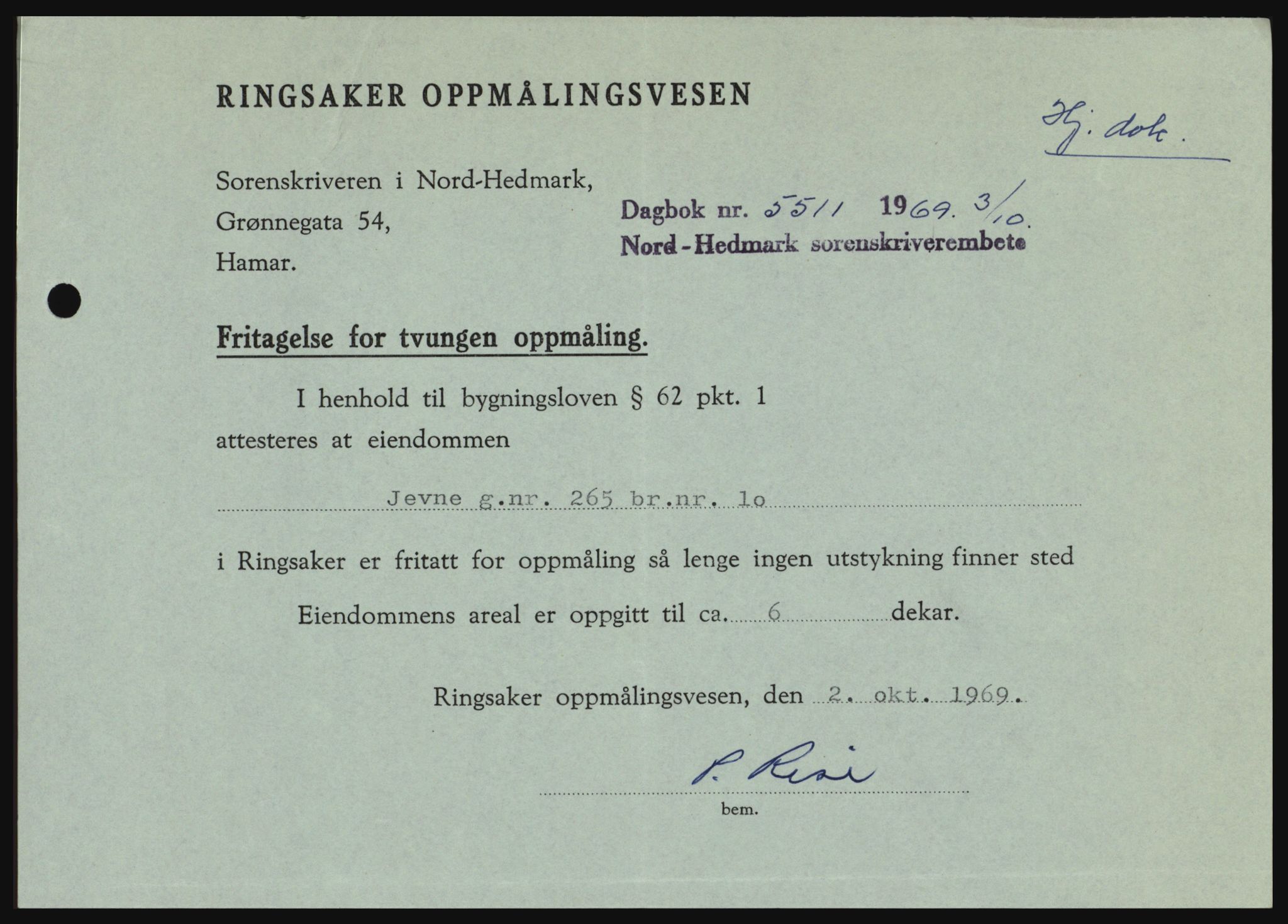 Nord-Hedmark sorenskriveri, SAH/TING-012/H/Hc/L0031: Pantebok nr. 31, 1969-1969, Dagboknr: 5511/1969
