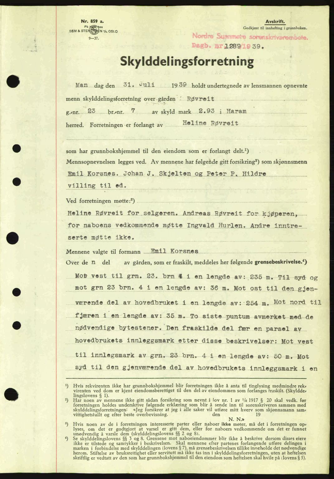 Nordre Sunnmøre sorenskriveri, SAT/A-0006/1/2/2C/2Ca: Pantebok nr. A7, 1939-1939, Dagboknr: 1289/1939
