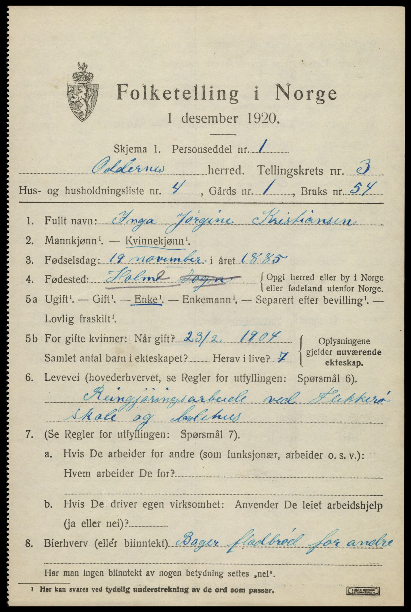 SAK, Folketelling 1920 for 1012 Oddernes herred, 1920, s. 3383