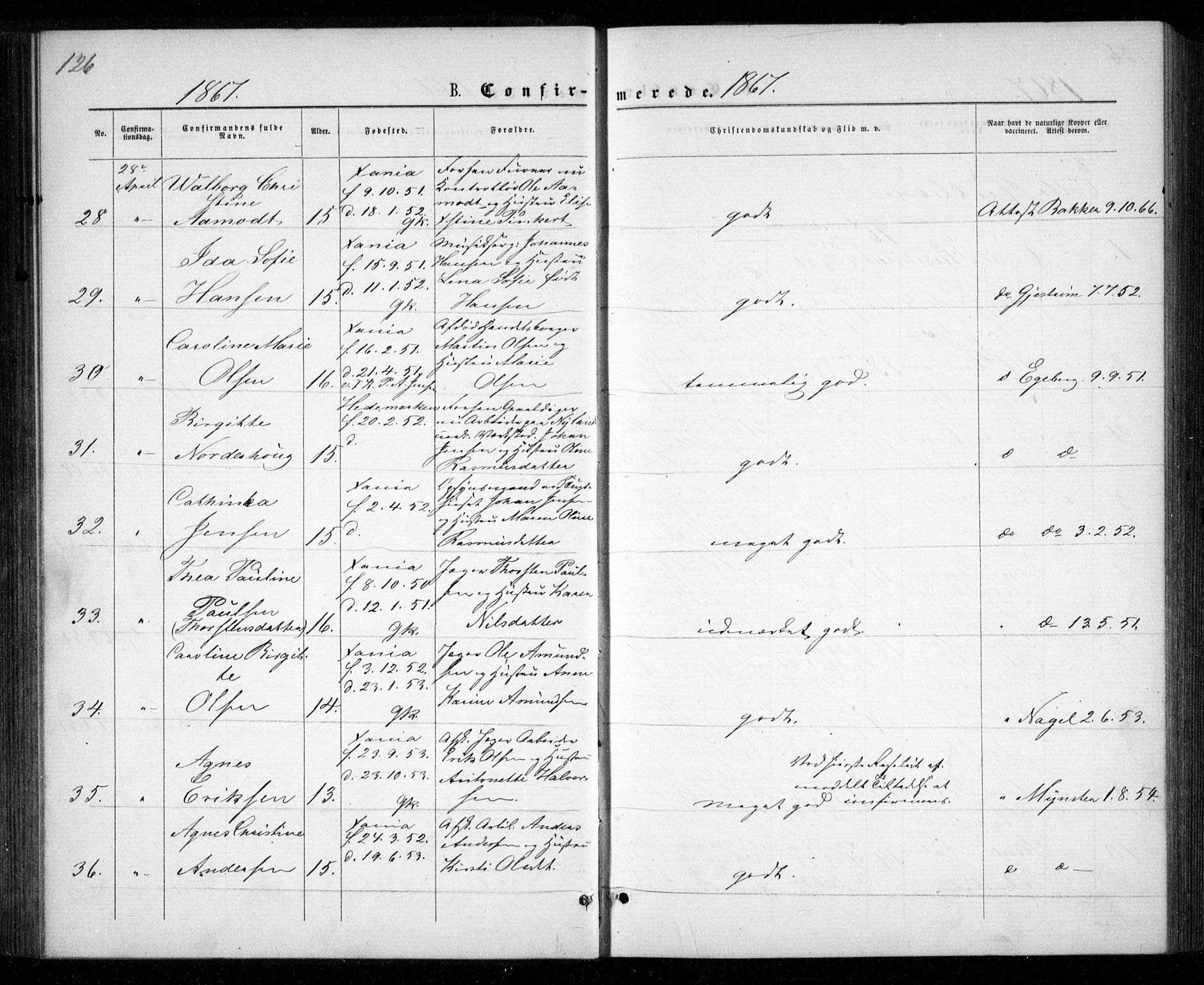 Garnisonsmenigheten Kirkebøker, AV/SAO-A-10846/G/Ga/L0006: Klokkerbok nr. 6, 1860-1880, s. 126