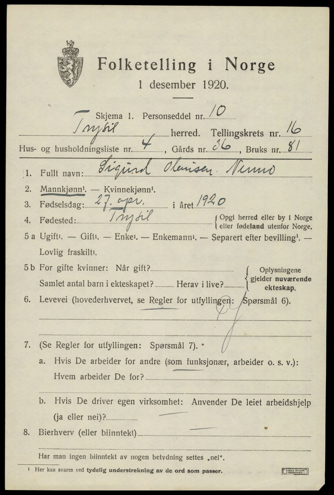 SAH, Folketelling 1920 for 0428 Trysil herred, 1920, s. 9485