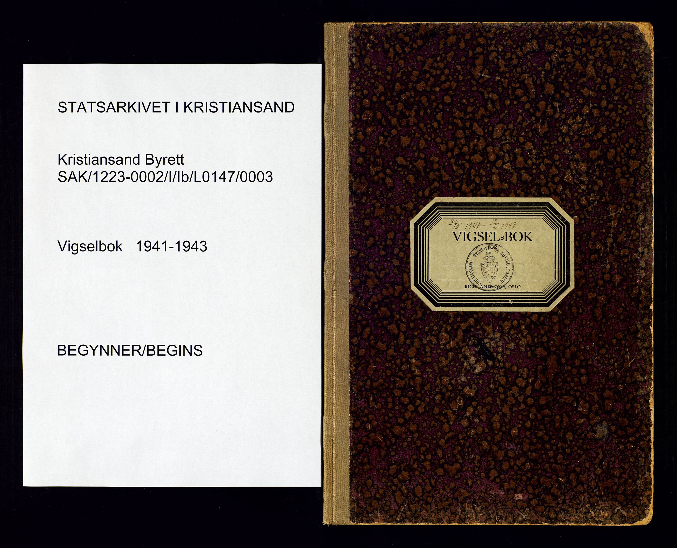Kristiansand byrett - 2, SAK/1223-0002/I/Ib/L0147/0003: Vielsesprotokoller / Vigselbok, 1941-1943, s. 1