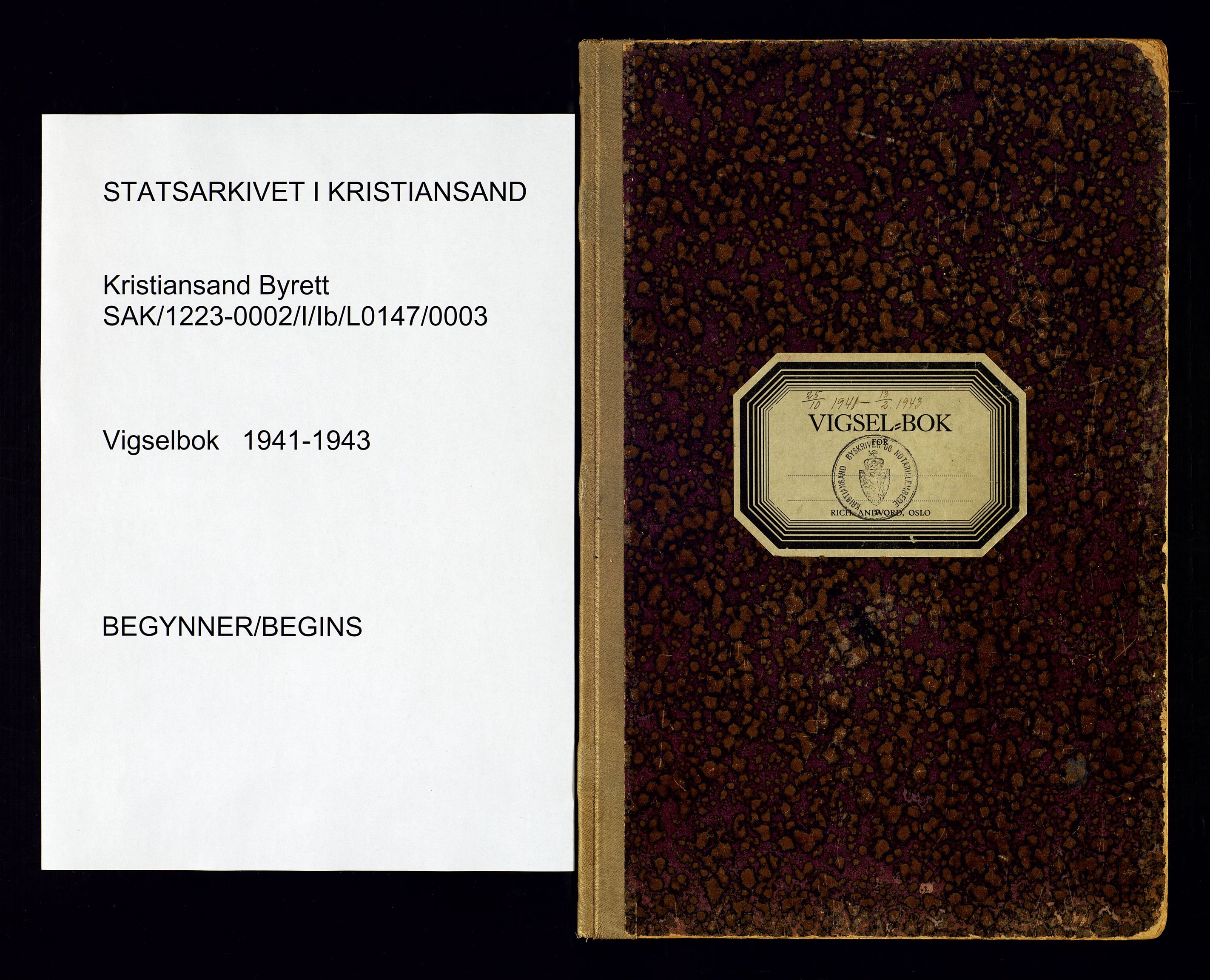 Kristiansand byrett - 2, AV/SAK-1223-0002/I/Ib/L0147/0003: Vielsesprotokoller / Vigselbok, 1941-1943, s. 1
