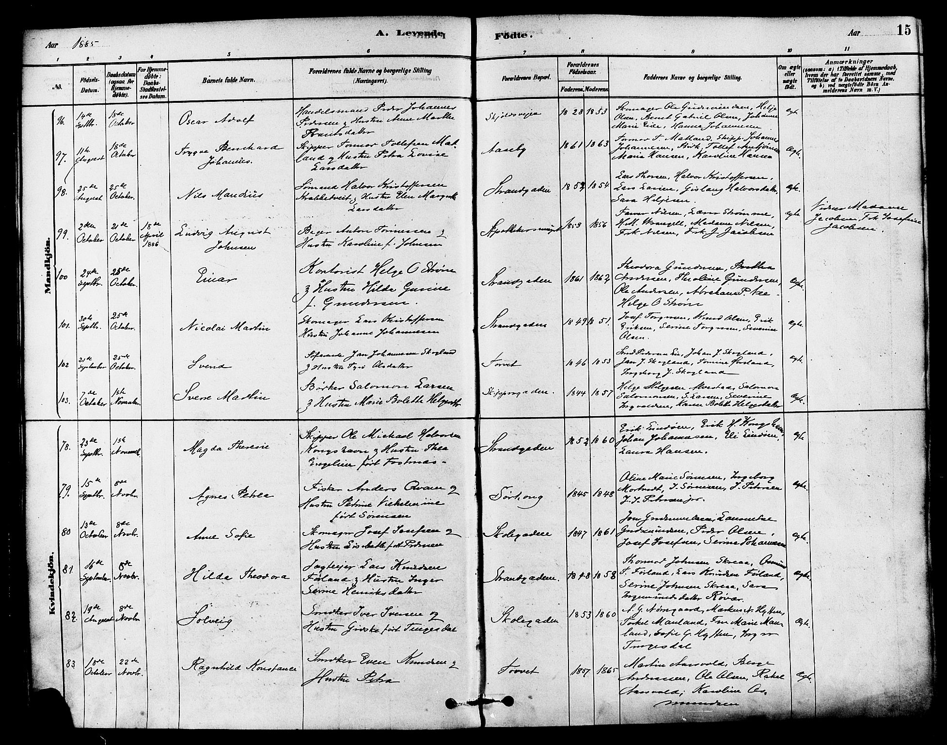 Haugesund sokneprestkontor, AV/SAST-A -101863/H/Ha/Haa/L0003: Ministerialbok nr. A 3, 1885-1890, s. 15
