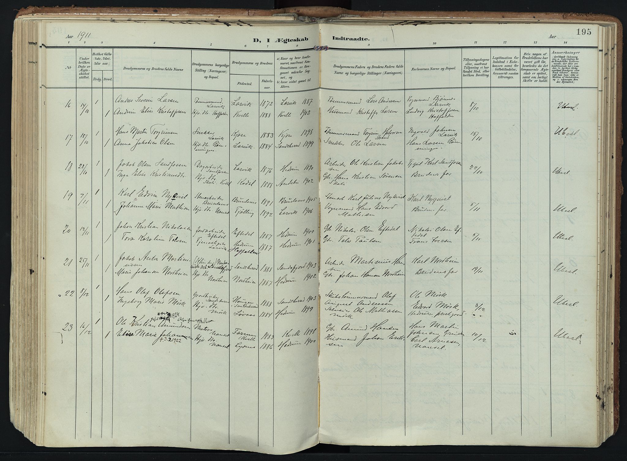Hedrum kirkebøker, AV/SAKO-A-344/F/Fa/L0010: Ministerialbok nr. I 10, 1904-1918, s. 195