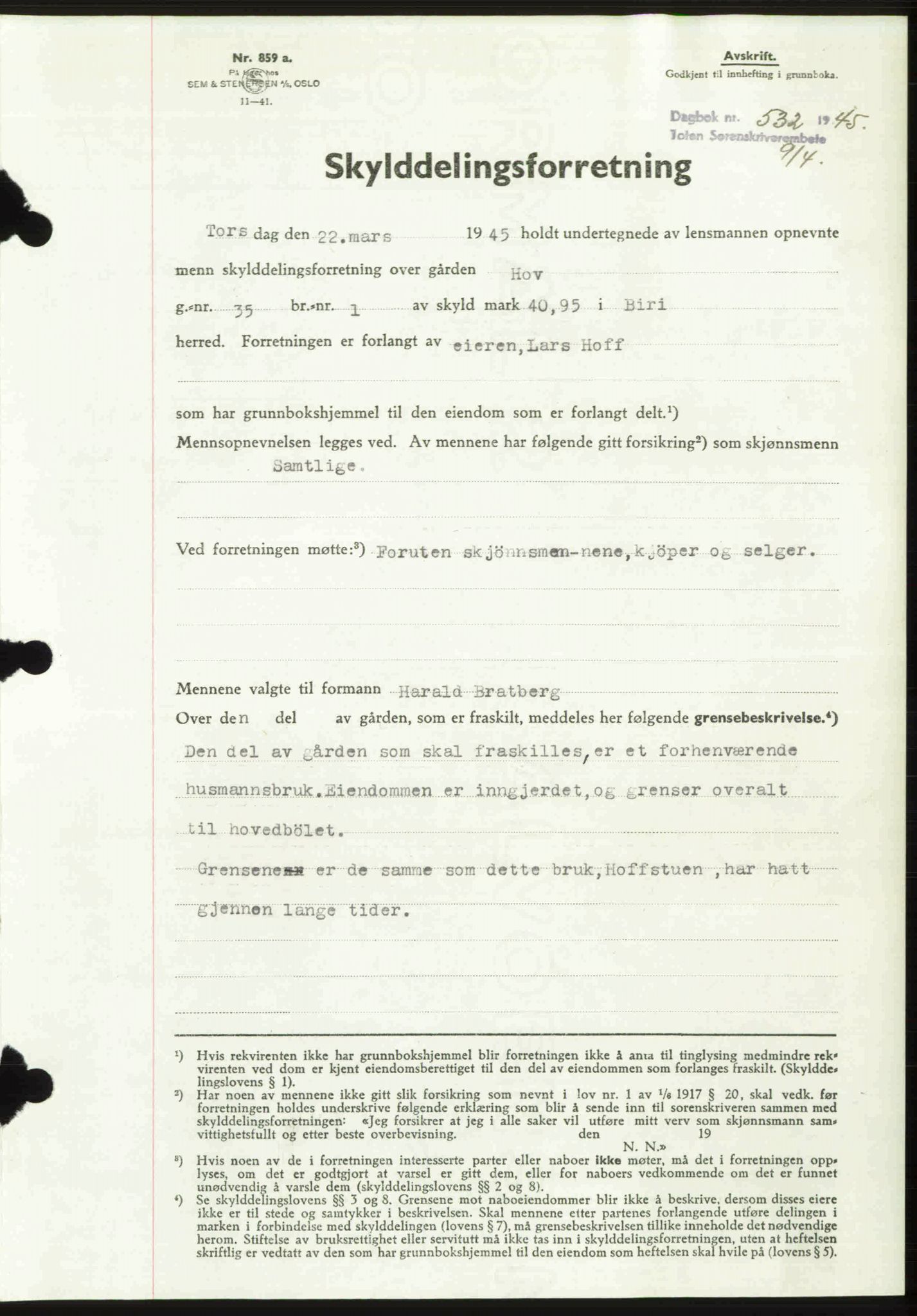 Toten tingrett, AV/SAH-TING-006/H/Hb/Hbc/L0013: Pantebok nr. Hbc-13, 1945-1945, Dagboknr: 532/1945