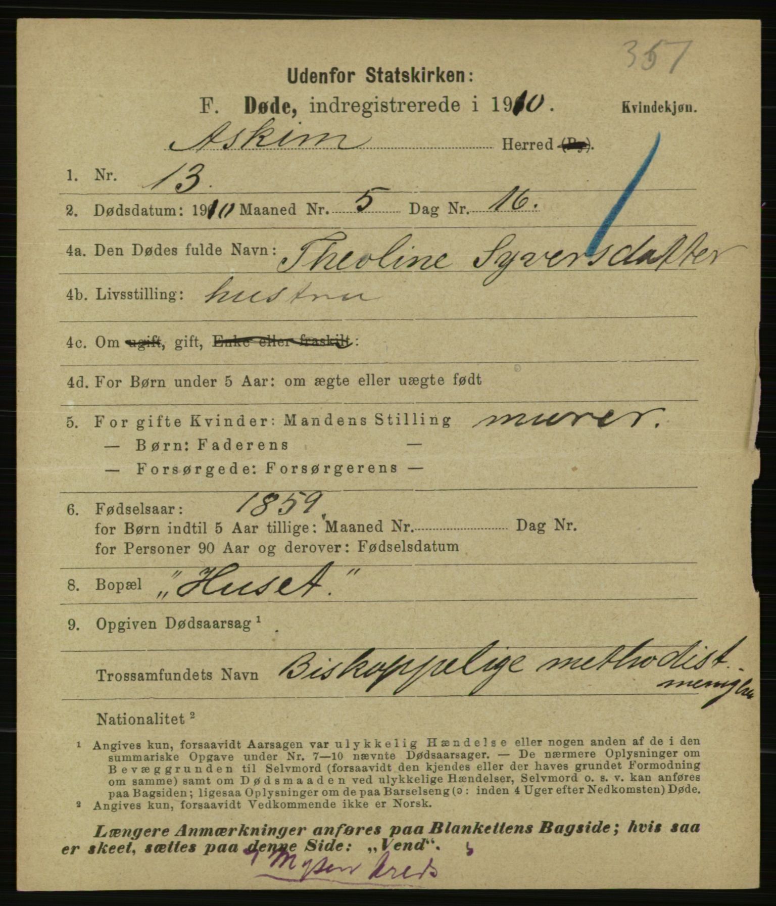 Statistisk sentralbyrå, Sosiodemografiske emner, Befolkning, AV/RA-S-2228/E/L0008: Fødte, gifte, døde dissentere., 1910, s. 2333