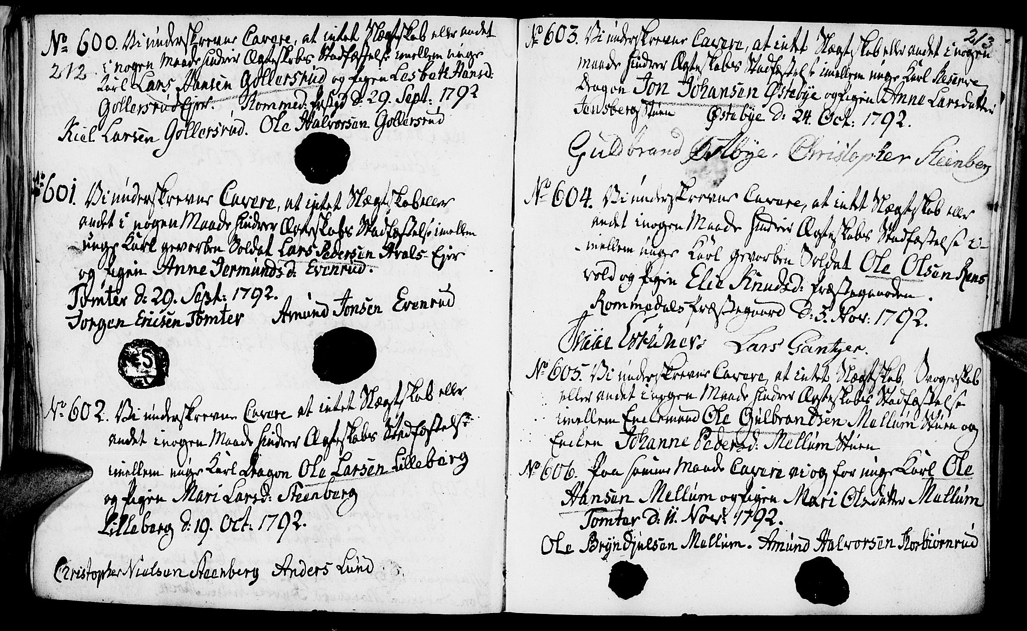 Romedal prestekontor, AV/SAH-PREST-004/I/L0001: Forlovererklæringer nr. 1, 1762-1802, s. 212-213