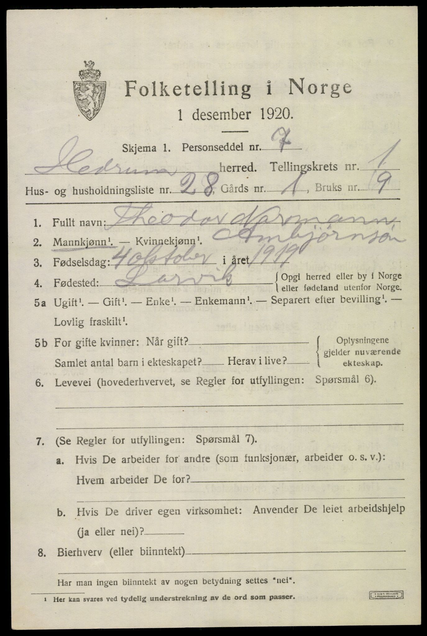 SAKO, Folketelling 1920 for 0727 Hedrum herred, 1920, s. 2393