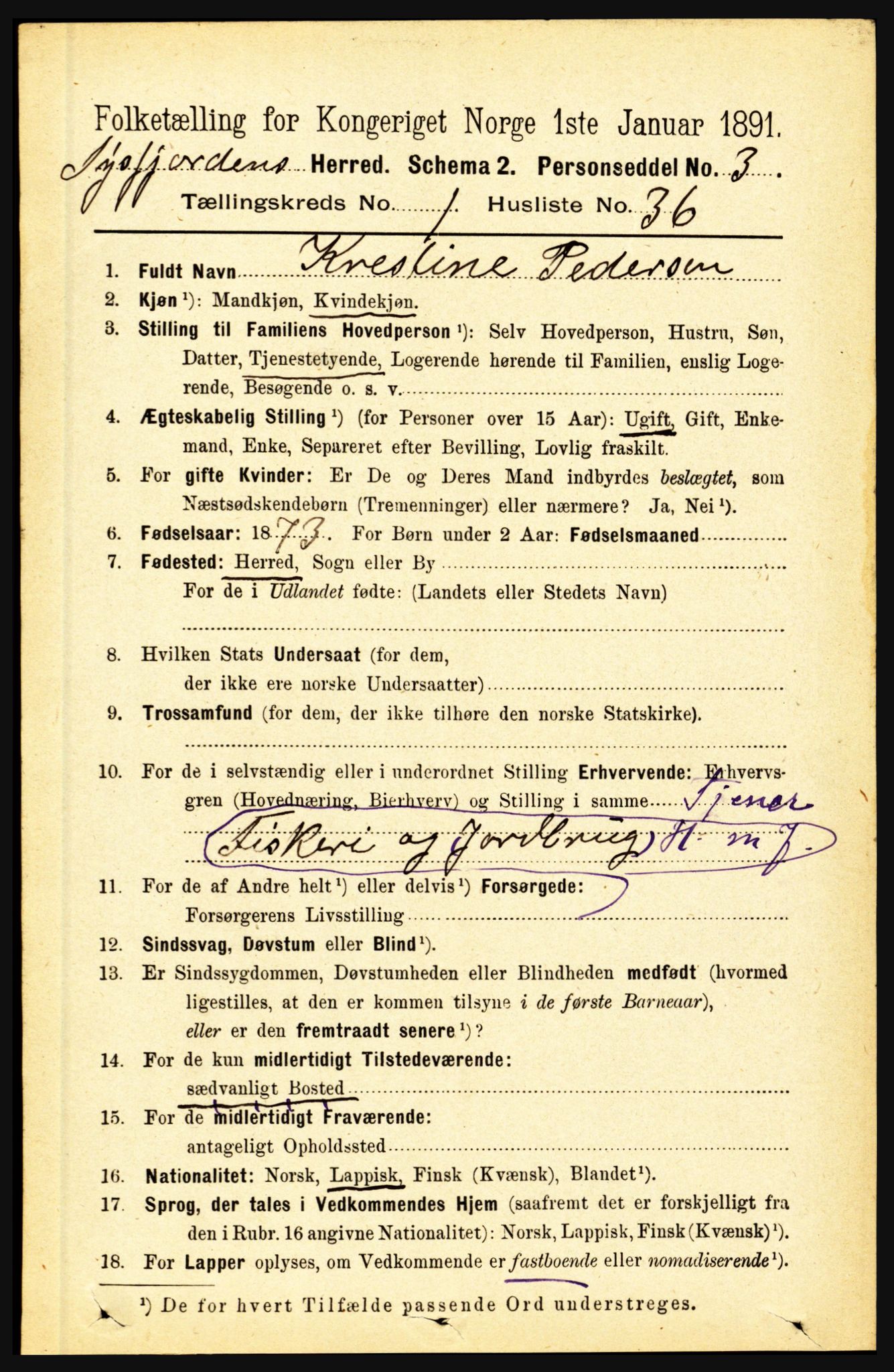 RA, Folketelling 1891 for 1850 Tysfjord herred, 1891, s. 309
