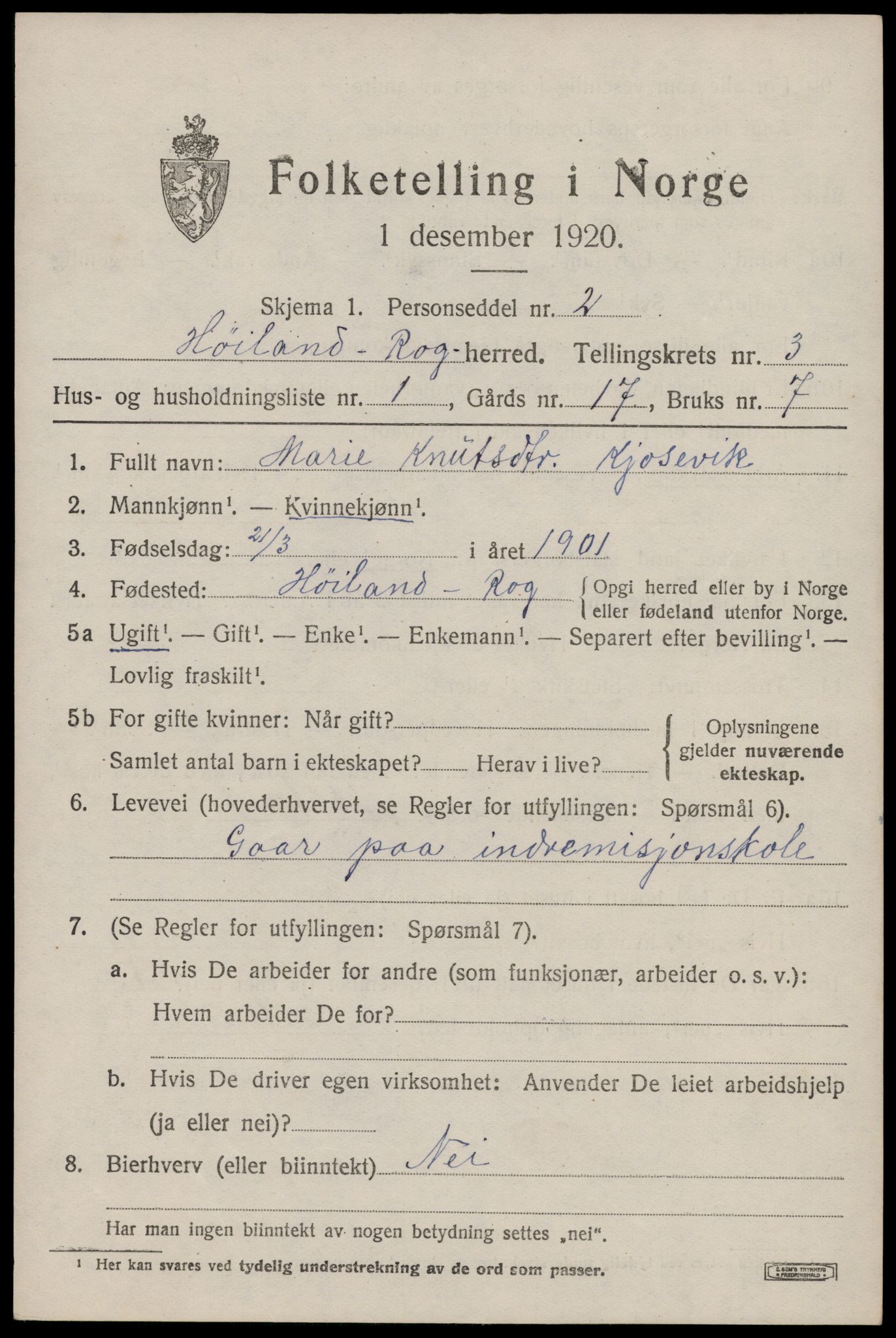 SAST, Folketelling 1920 for 1123 Høyland herred, 1920, s. 3016