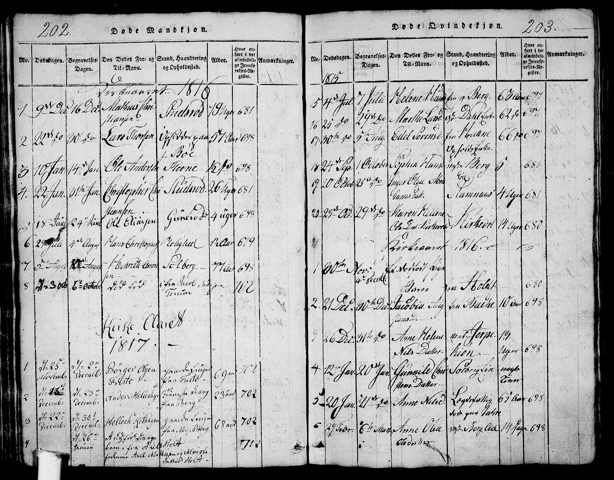 Ramnes kirkebøker, SAKO/A-314/G/Ga/L0001: Klokkerbok nr. I 1, 1813-1847, s. 202-203
