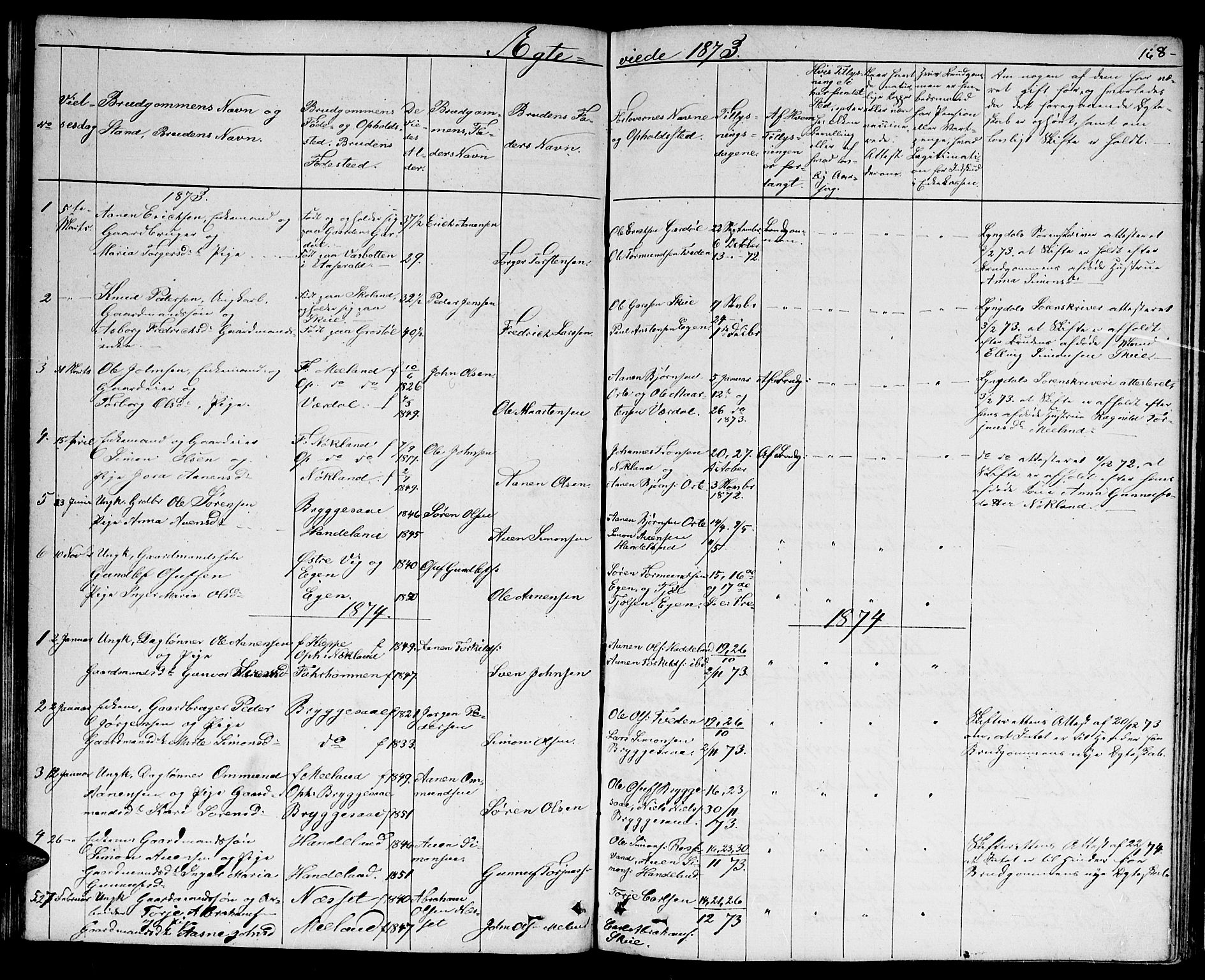 Hægebostad sokneprestkontor, SAK/1111-0024/F/Fb/Fbb/L0002: Klokkerbok nr. B 2, 1851-1886, s. 168