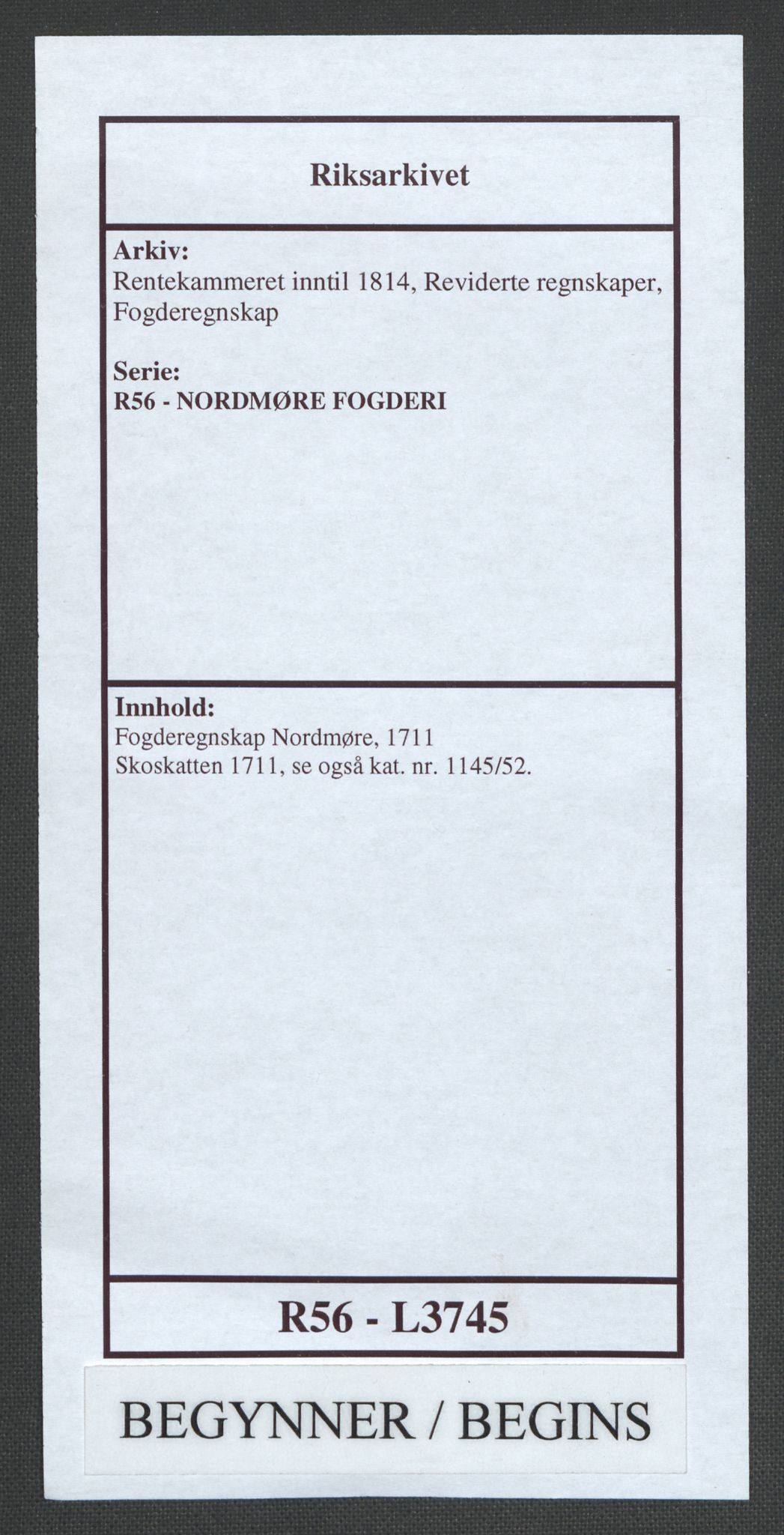 Rentekammeret inntil 1814, Reviderte regnskaper, Fogderegnskap, RA/EA-4092/R56/L3745: Fogderegnskap Nordmøre, 1711, s. 1