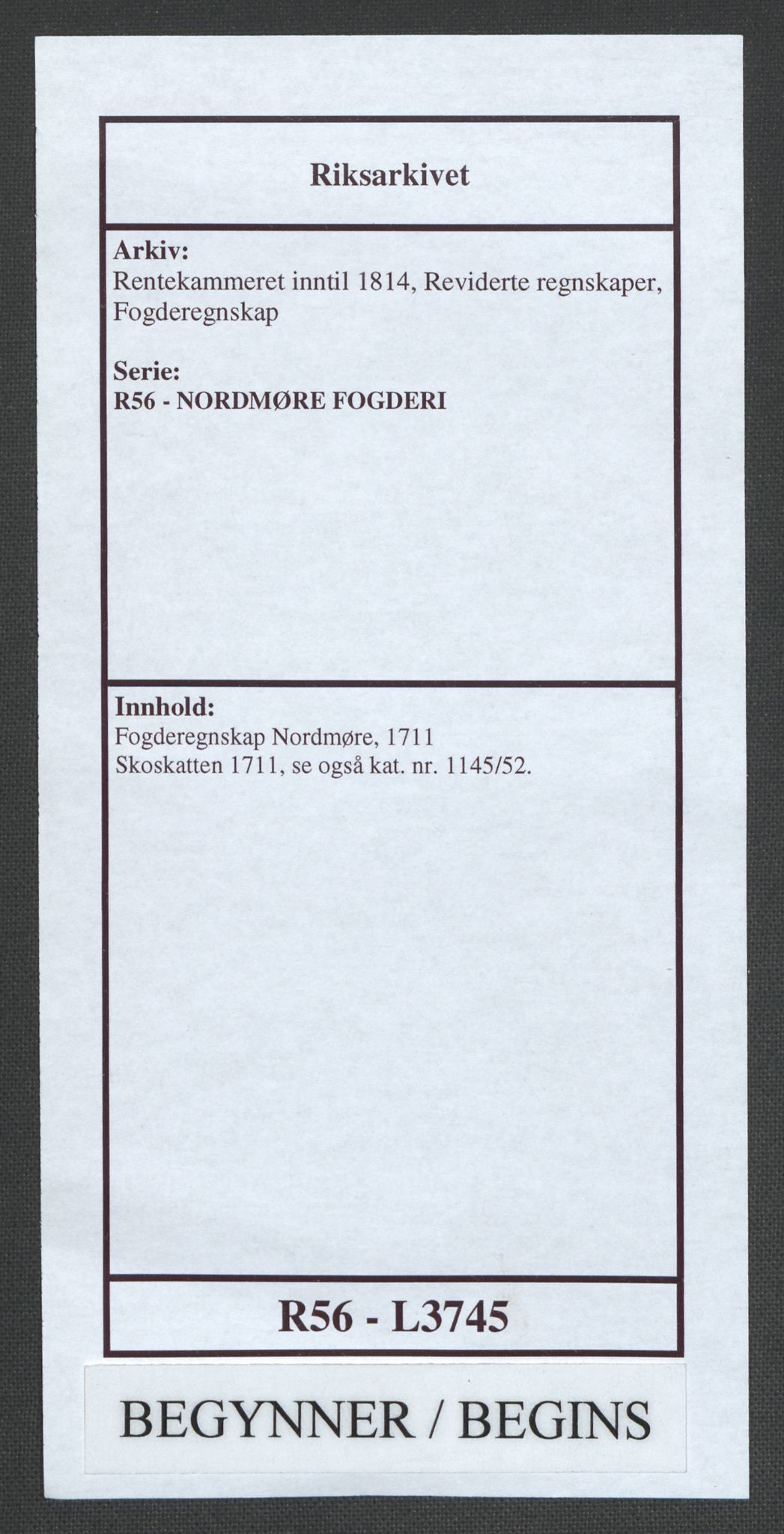 Rentekammeret inntil 1814, Reviderte regnskaper, Fogderegnskap, AV/RA-EA-4092/R56/L3745: Fogderegnskap Nordmøre, 1711, s. 1