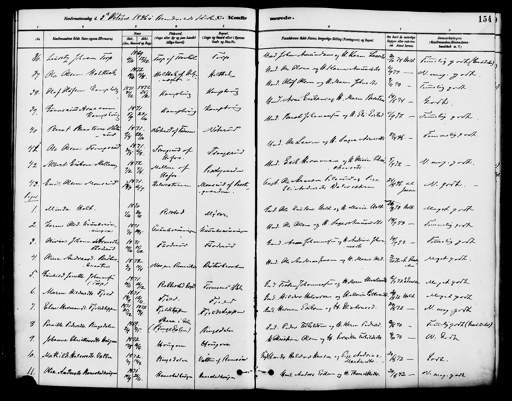 Brandval prestekontor, AV/SAH-PREST-034/H/Ha/Haa/L0002: Ministerialbok nr. 2, 1880-1894, s. 154