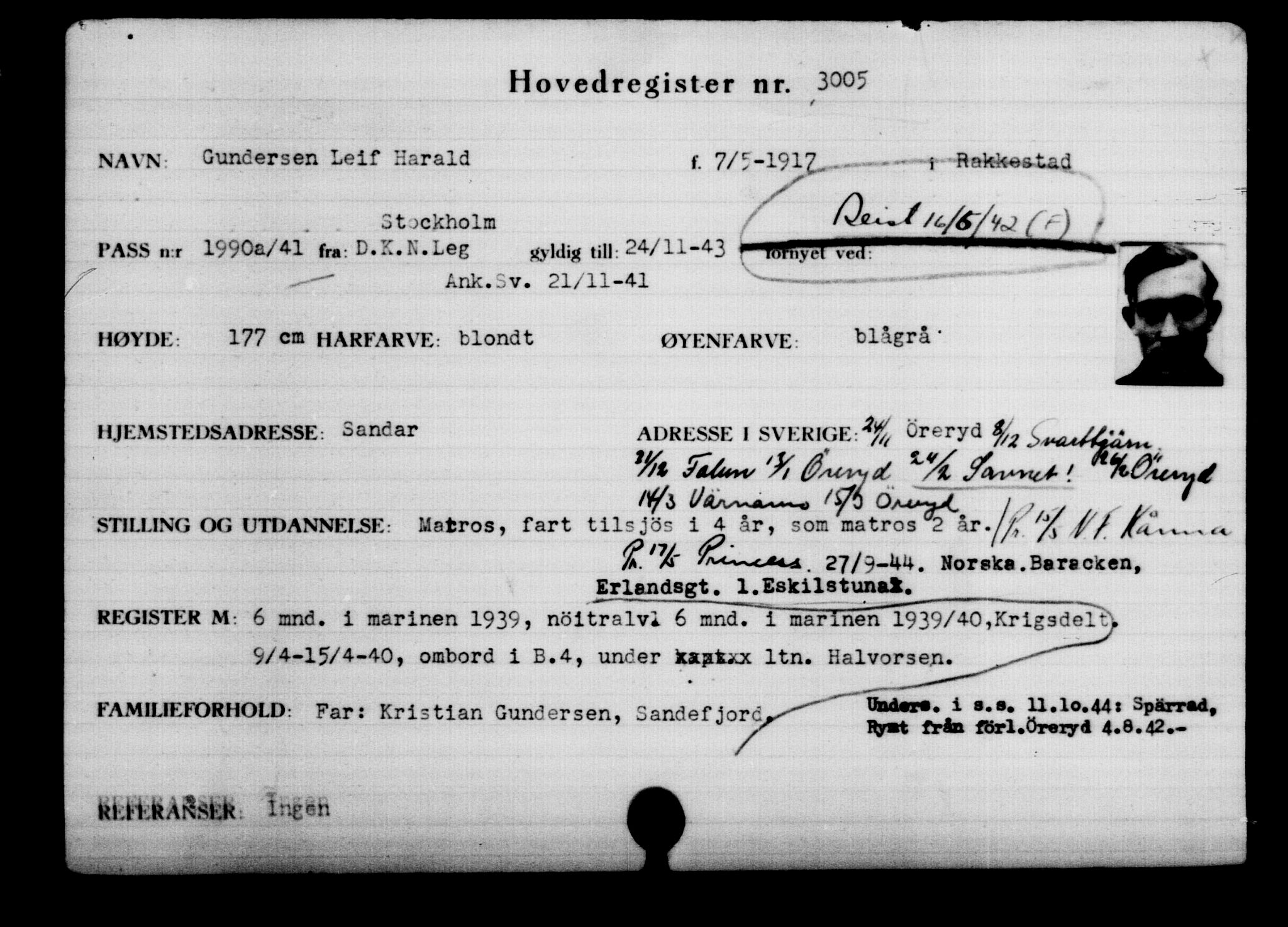 Utenriksstasjonene, Legasjonen i Stockholm, Flyktningkontoret, AV/RA-S-6753/V/Va/L0003: Kjesäterkartoteket, flyktninger med registreringsnr. 2001-3495, 1940-1945, s. 1426