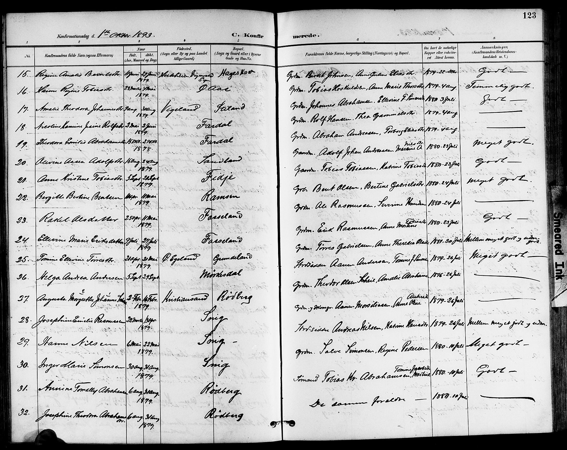 Sør-Audnedal sokneprestkontor, AV/SAK-1111-0039/F/Fb/Fbb/L0006: Klokkerbok nr. B 6, 1893-1915, s. 123