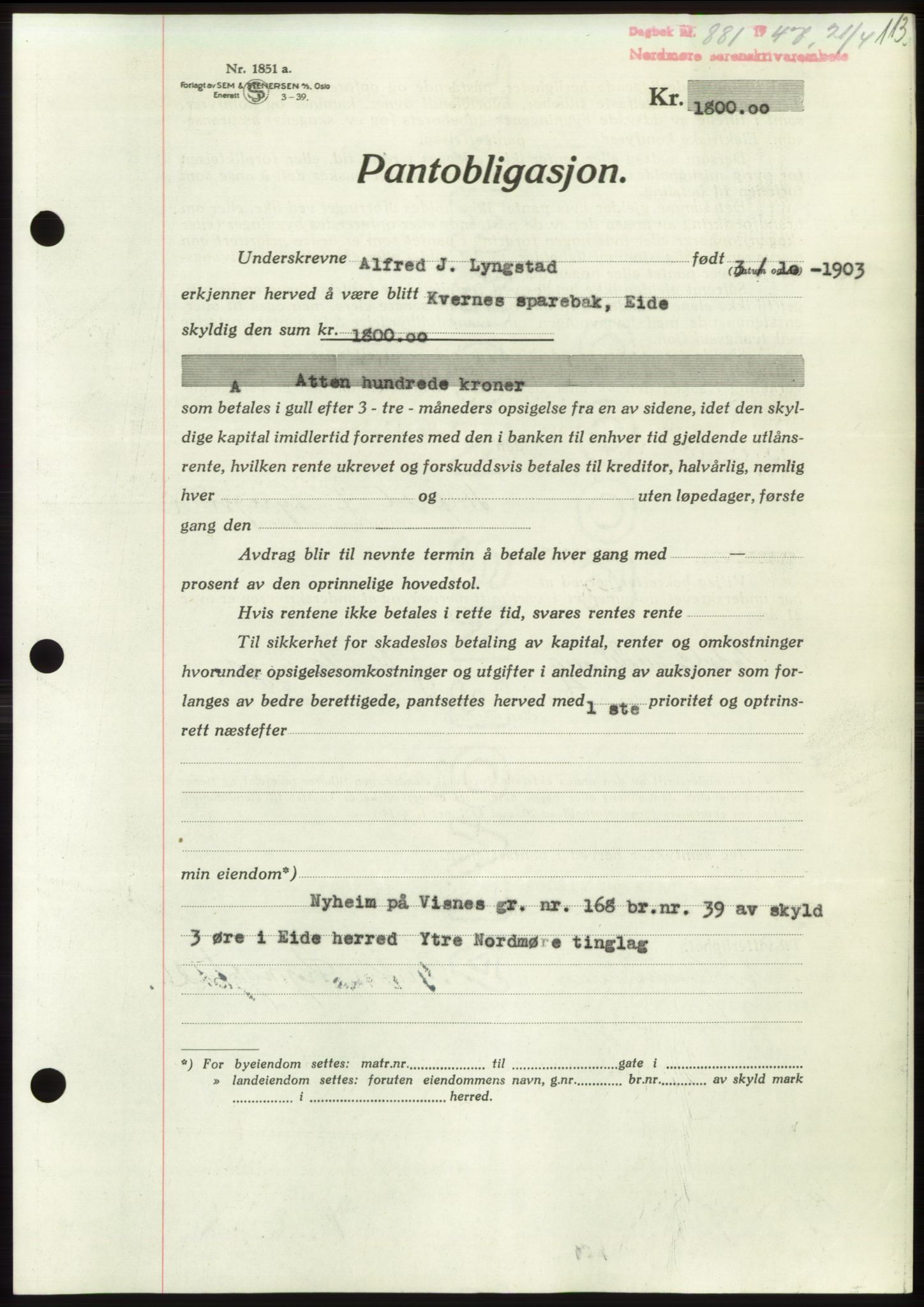 Nordmøre sorenskriveri, AV/SAT-A-4132/1/2/2Ca: Pantebok nr. B96, 1947-1947, Dagboknr: 881/1947