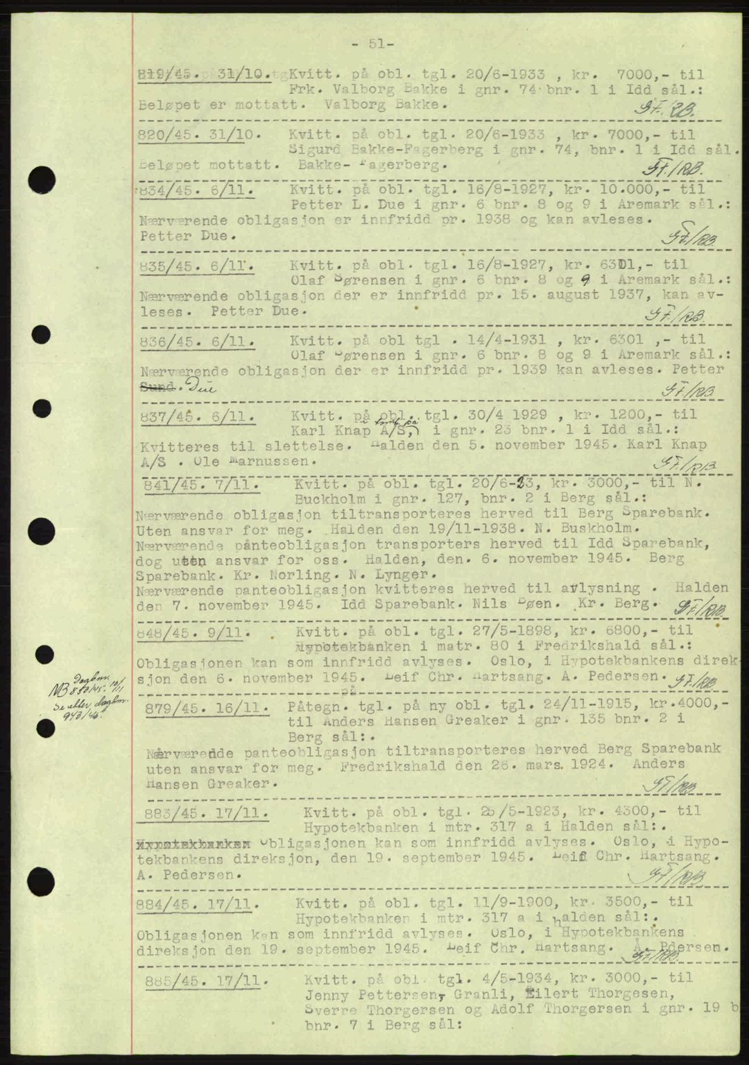 Idd og Marker sorenskriveri, AV/SAO-A-10283/G/Gb/Gbc/L0002: Pantebok nr. B4-9a, 1939-1945, Dagboknr: 819/1945