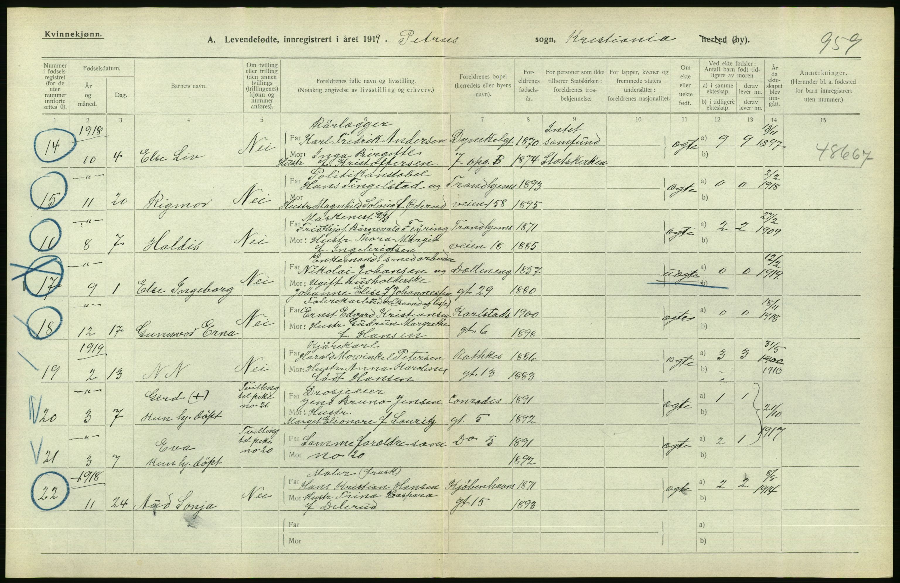 Statistisk sentralbyrå, Sosiodemografiske emner, Befolkning, AV/RA-S-2228/D/Df/Dfb/Dfbi/L0008: Kristiania: Levendefødte menn og kvinner., 1919