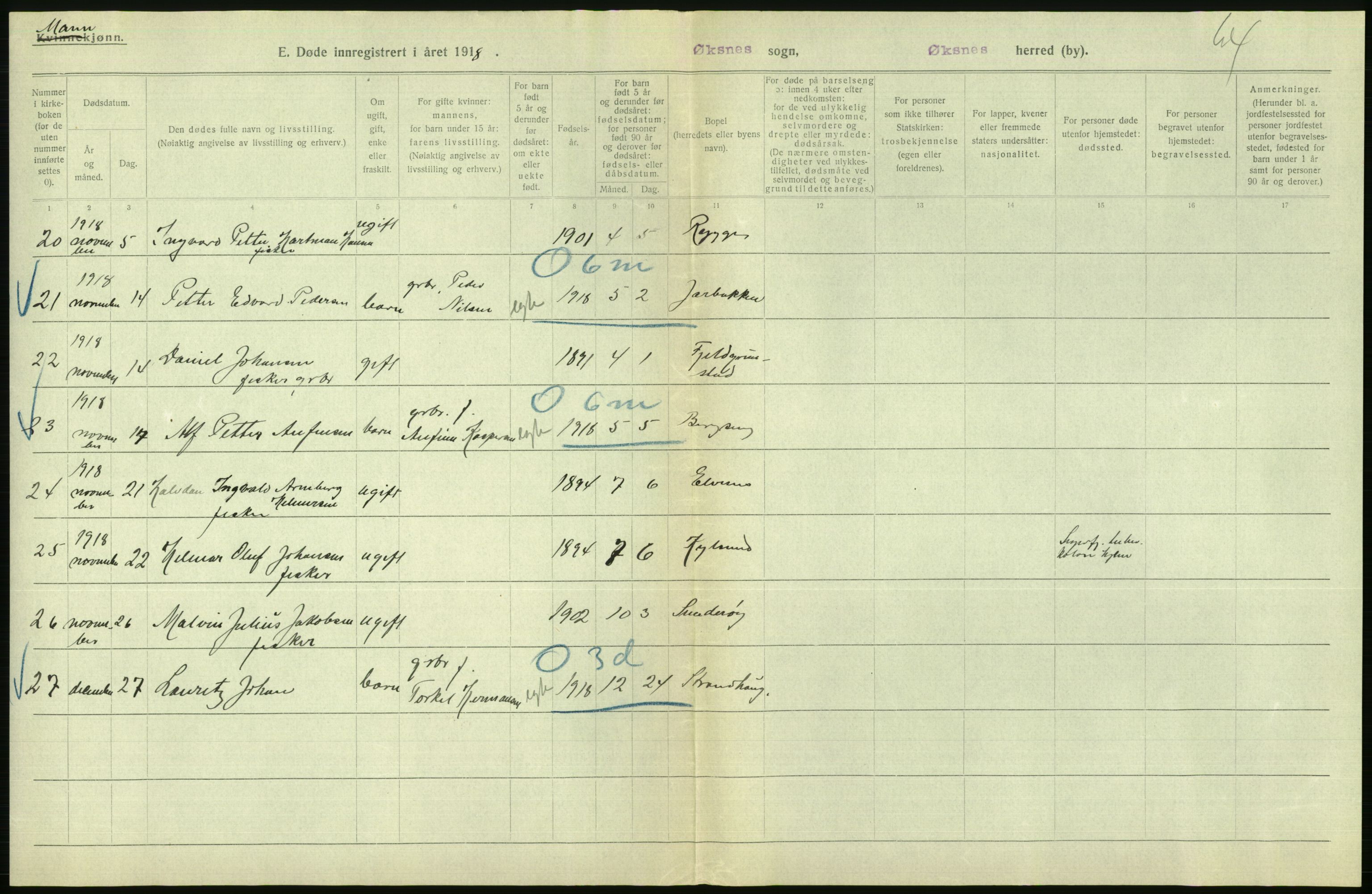 Statistisk sentralbyrå, Sosiodemografiske emner, Befolkning, AV/RA-S-2228/D/Df/Dfb/Dfbh/L0055: Nordland fylke: Døde. Bygder og byer., 1918, s. 478