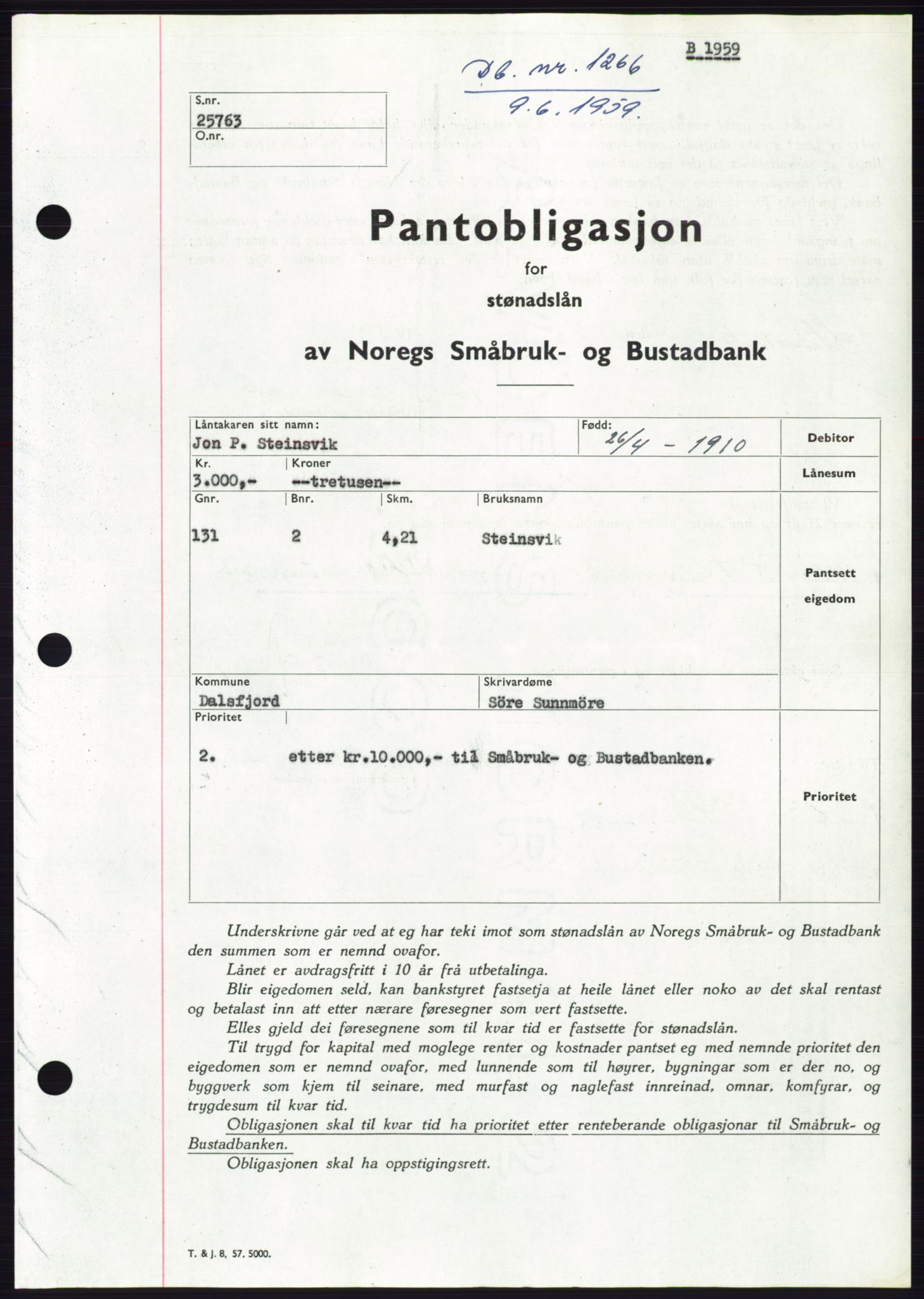 Søre Sunnmøre sorenskriveri, SAT/A-4122/1/2/2C/L0133: Pantebok nr. 21B, 1959-1959, Dagboknr: 1266/1959