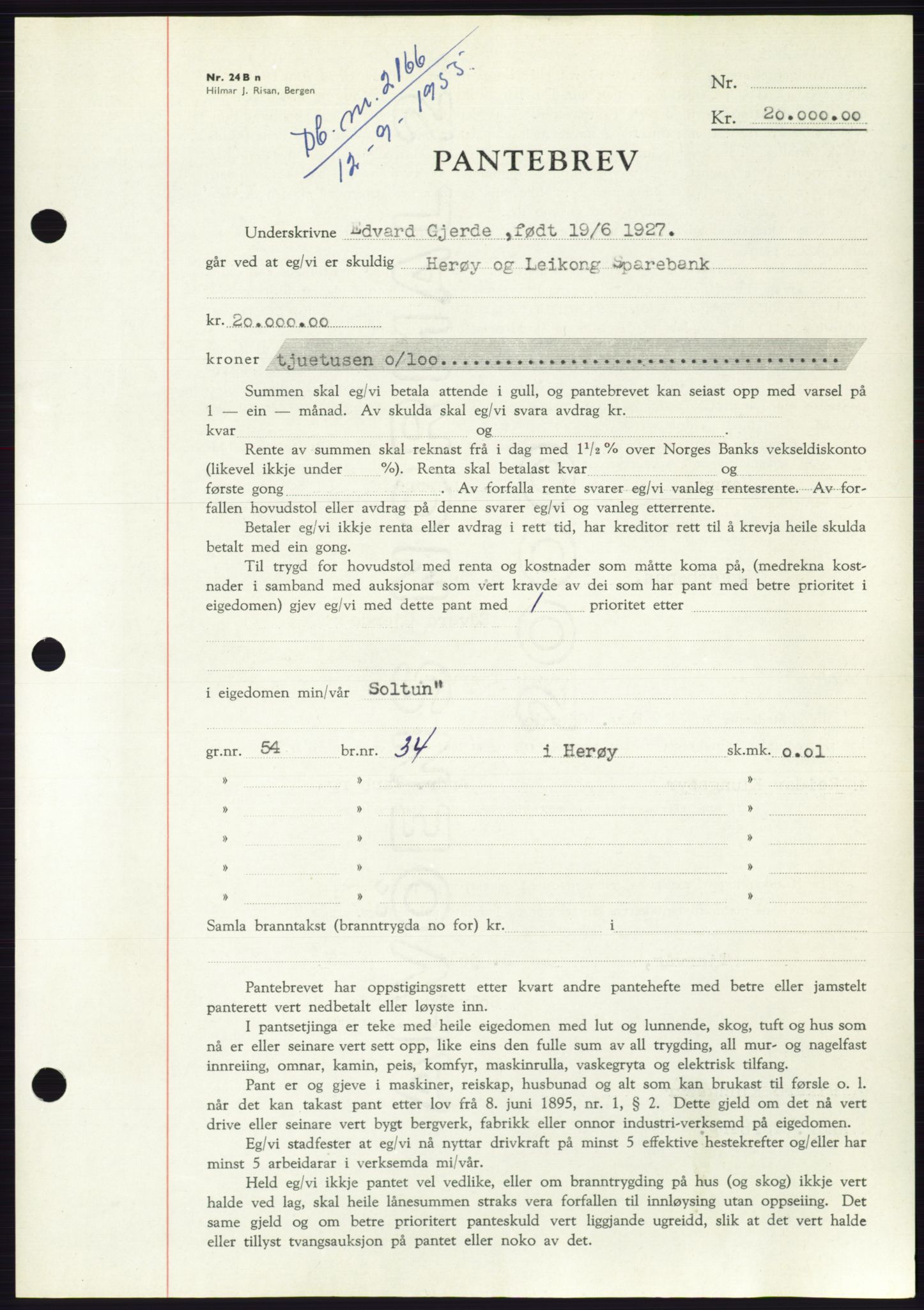 Søre Sunnmøre sorenskriveri, SAT/A-4122/1/2/2C/L0127: Pantebok nr. 15B, 1955-1955, Dagboknr: 2166/1955