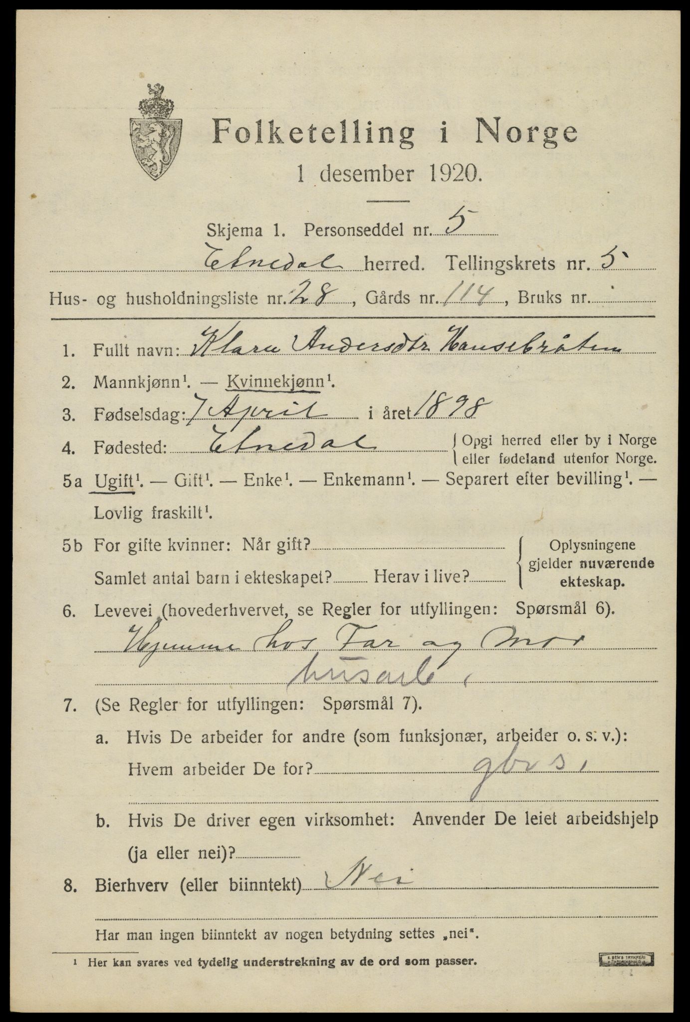 SAH, Folketelling 1920 for 0541 Etnedal herred, 1920, s. 2220