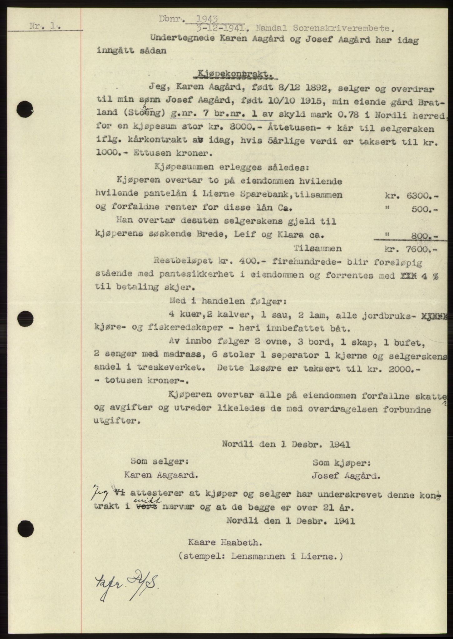 Namdal sorenskriveri, SAT/A-4133/1/2/2C: Pantebok nr. -, 1941-1942, Dagboknr: 1943/1941