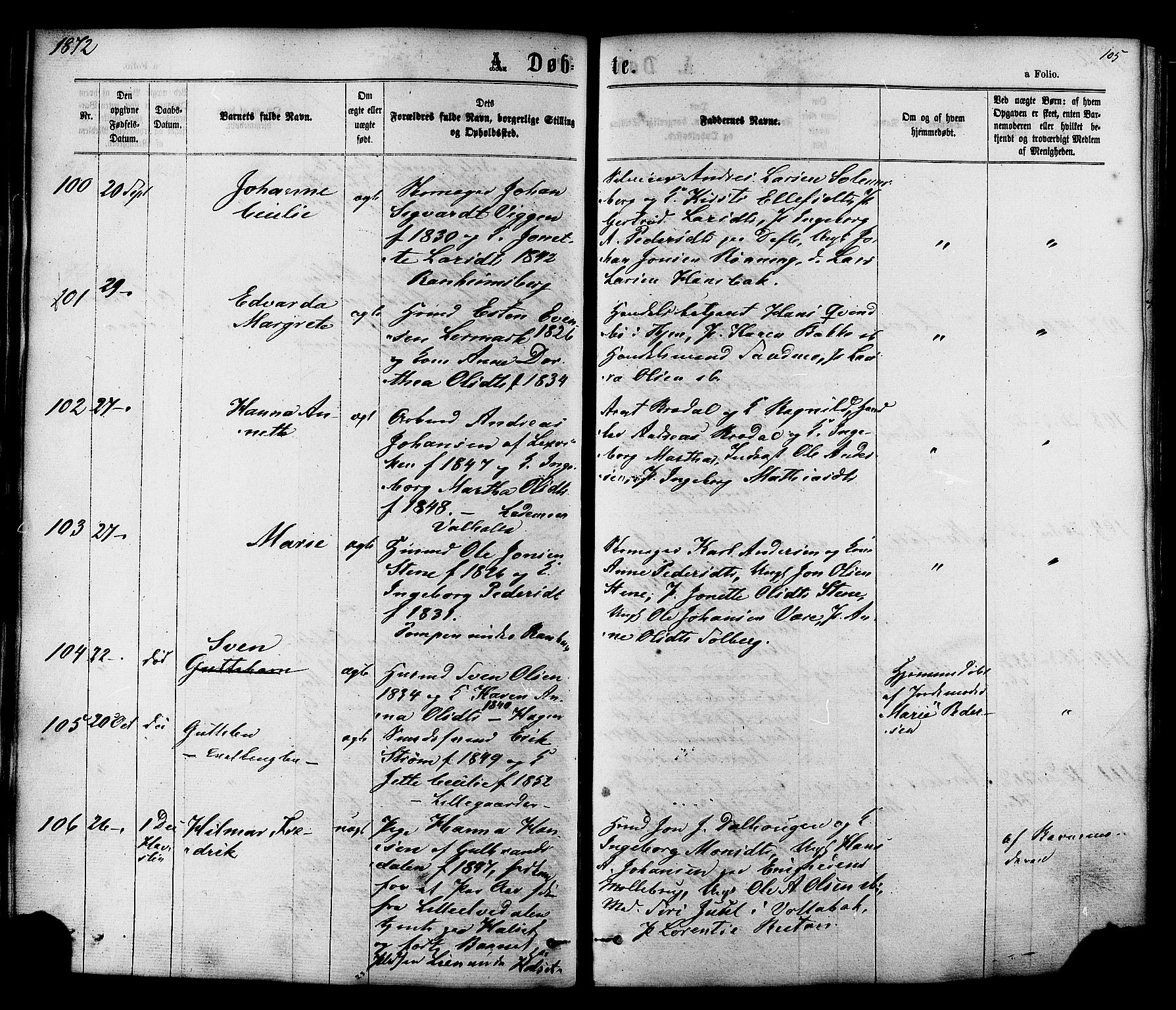 Ministerialprotokoller, klokkerbøker og fødselsregistre - Sør-Trøndelag, SAT/A-1456/606/L0293: Ministerialbok nr. 606A08, 1866-1877, s. 105