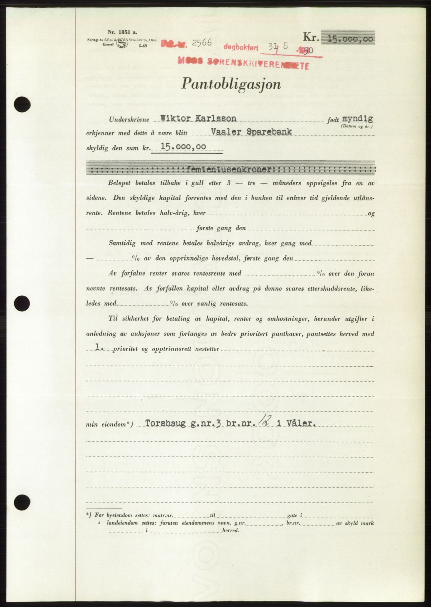 Moss sorenskriveri, SAO/A-10168: Pantebok nr. B25, 1950-1950, Dagboknr: 2566/1950