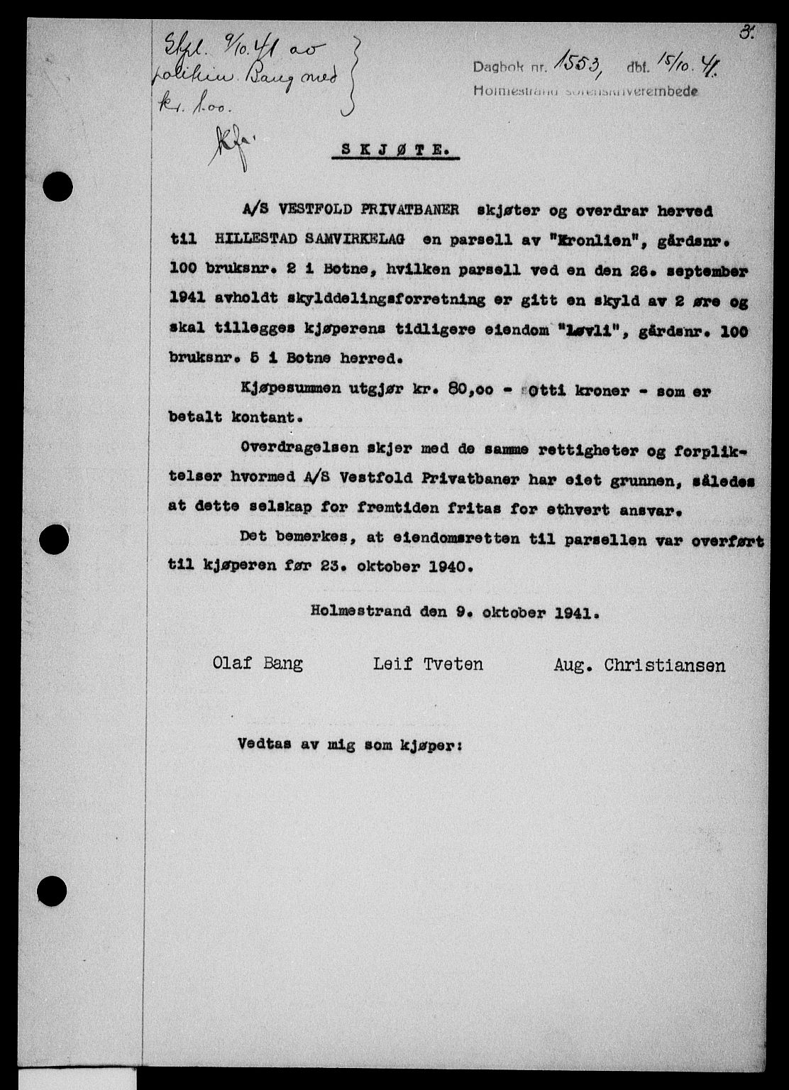 Holmestrand sorenskriveri, SAKO/A-67/G/Ga/Gaa/L0054: Pantebok nr. A-54, 1941-1942, Dagboknr: 1553/1941