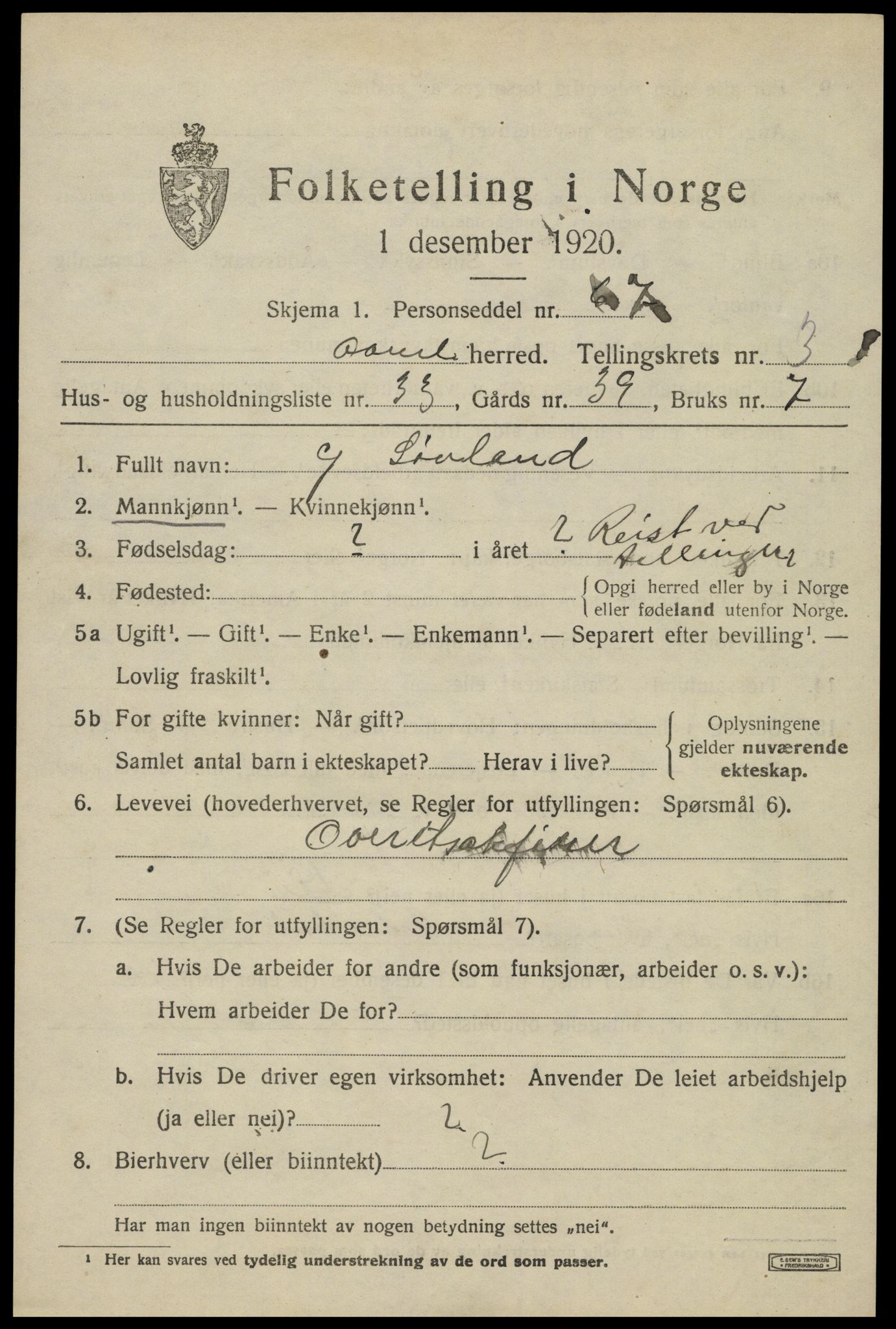 SAK, Folketelling 1920 for 0929 Åmli herred, 1920, s. 1595