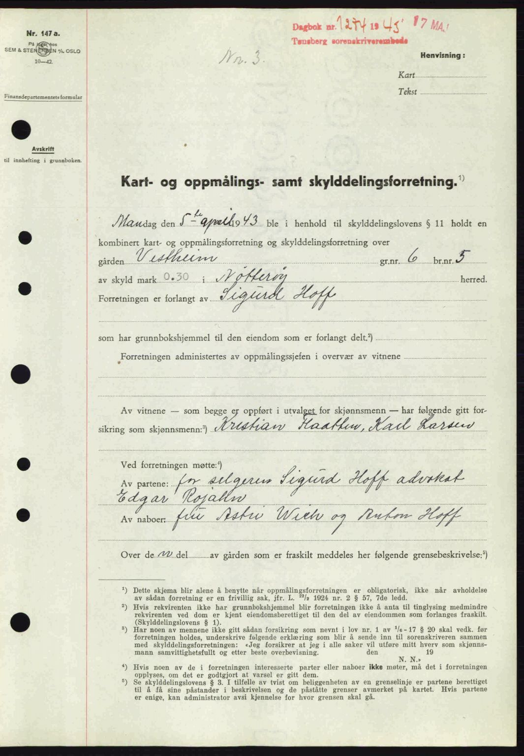Tønsberg sorenskriveri, AV/SAKO-A-130/G/Ga/Gaa/L0013: Pantebok nr. A13, 1943-1943, Dagboknr: 1274/1943