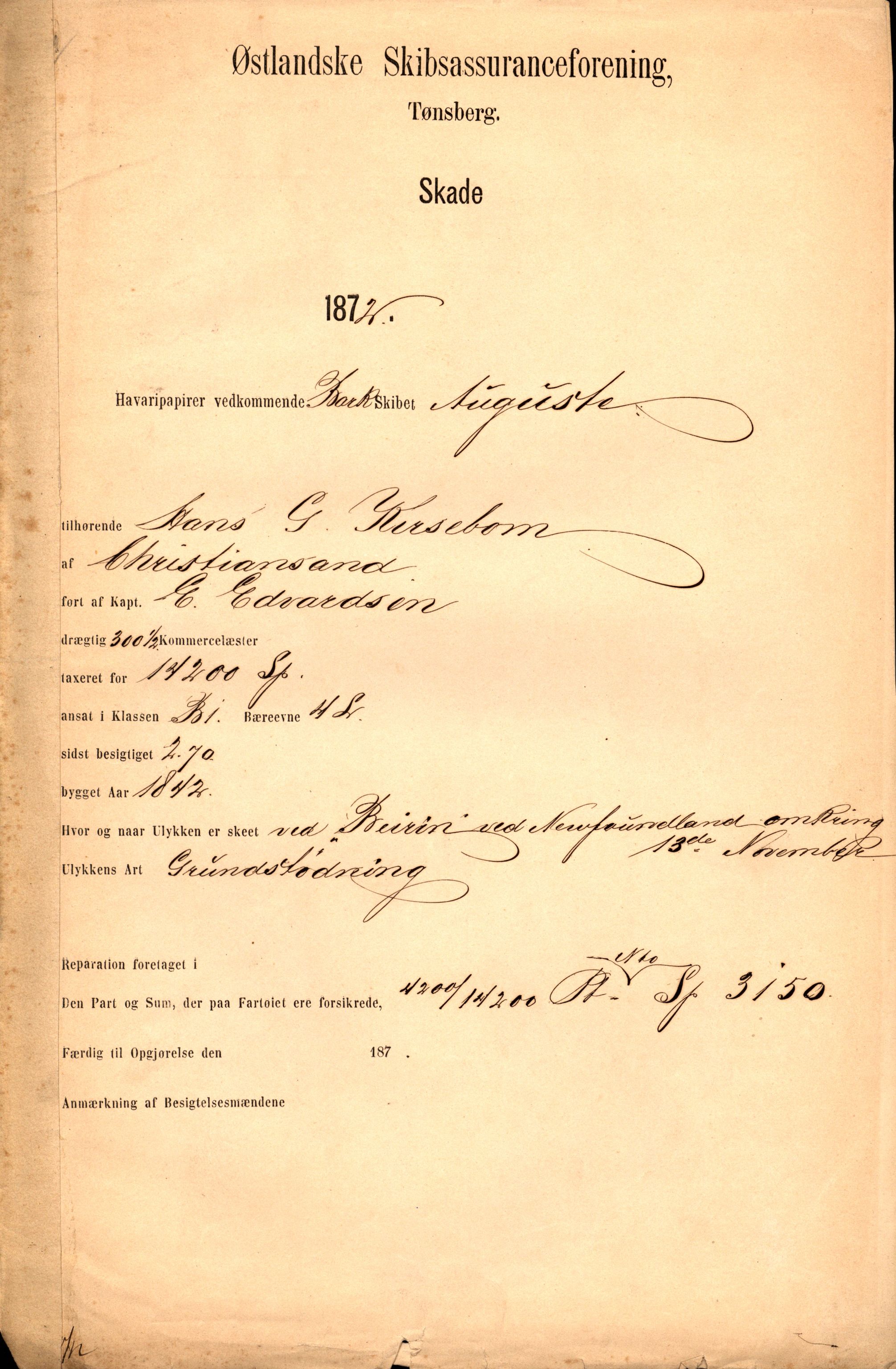 Pa 63 - Østlandske skibsassuranceforening, VEMU/A-1079/G/Ga/L0003/0023: Havaridokumenter / Auguste, 1872