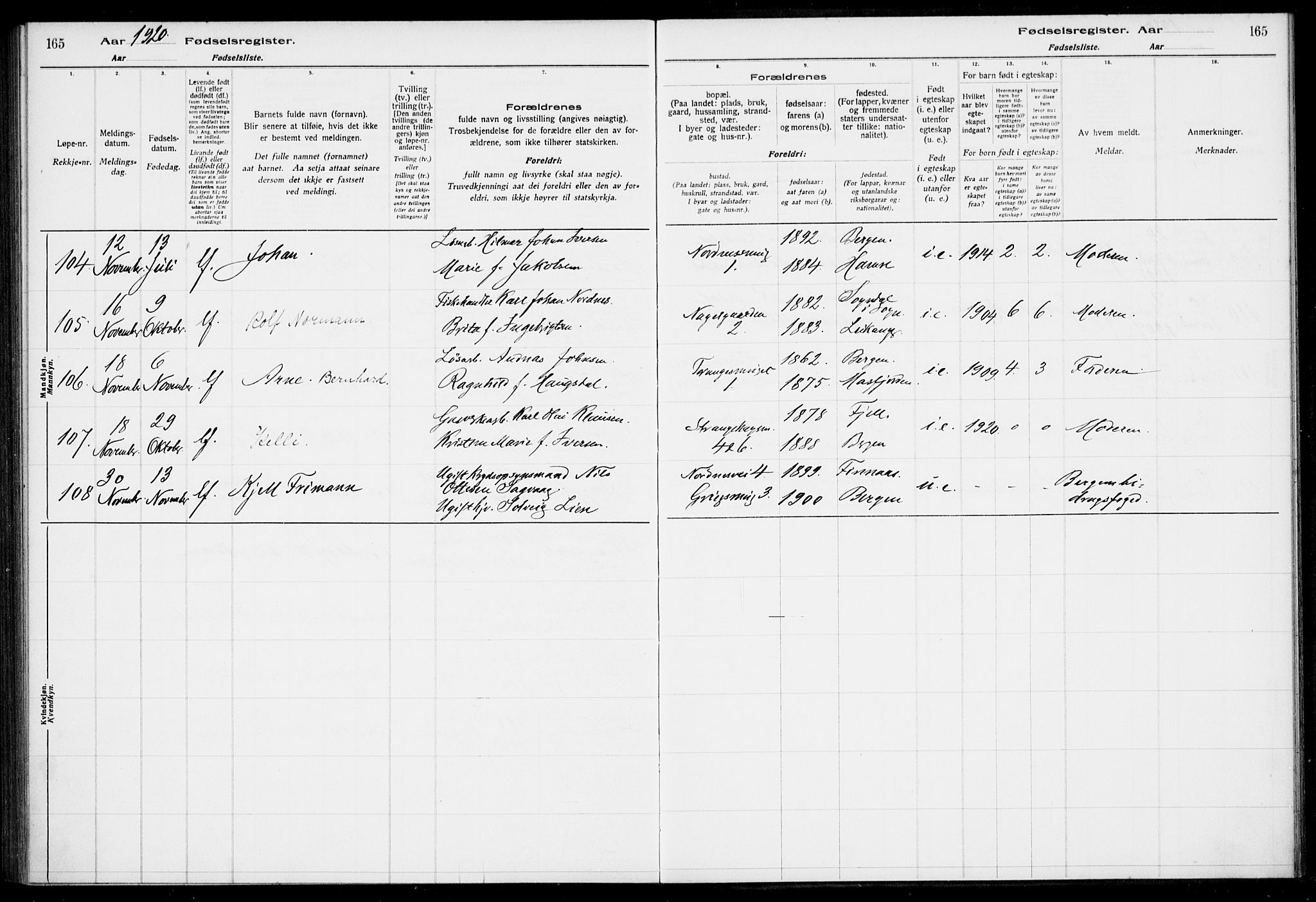 Nykirken Sokneprestembete, AV/SAB-A-77101/I/Id/L00A1: Fødselsregister nr. A 1, 1916-1922, s. 165