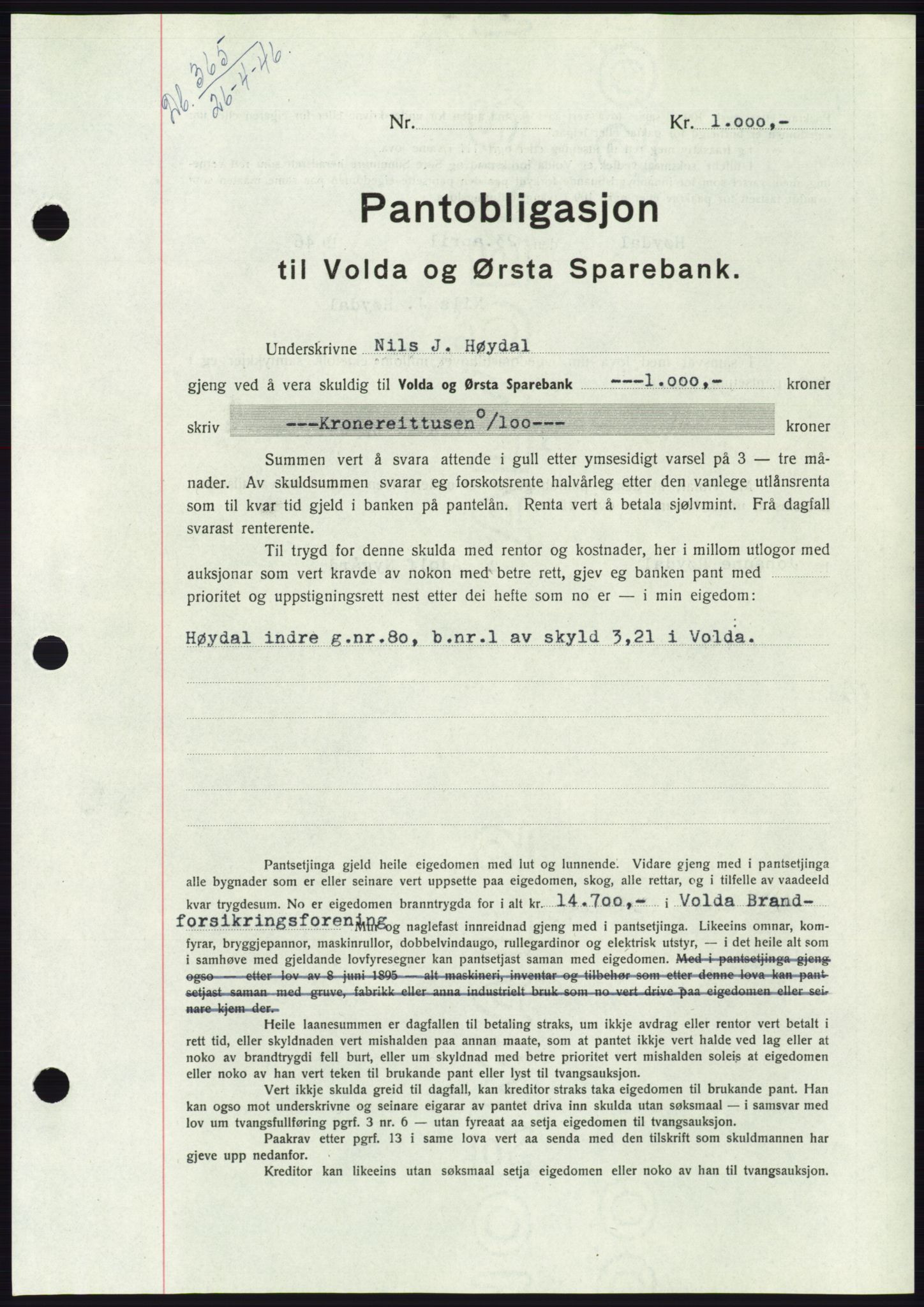 Søre Sunnmøre sorenskriveri, AV/SAT-A-4122/1/2/2C/L0114: Pantebok nr. 1-2B, 1943-1947, Dagboknr: 365/1946