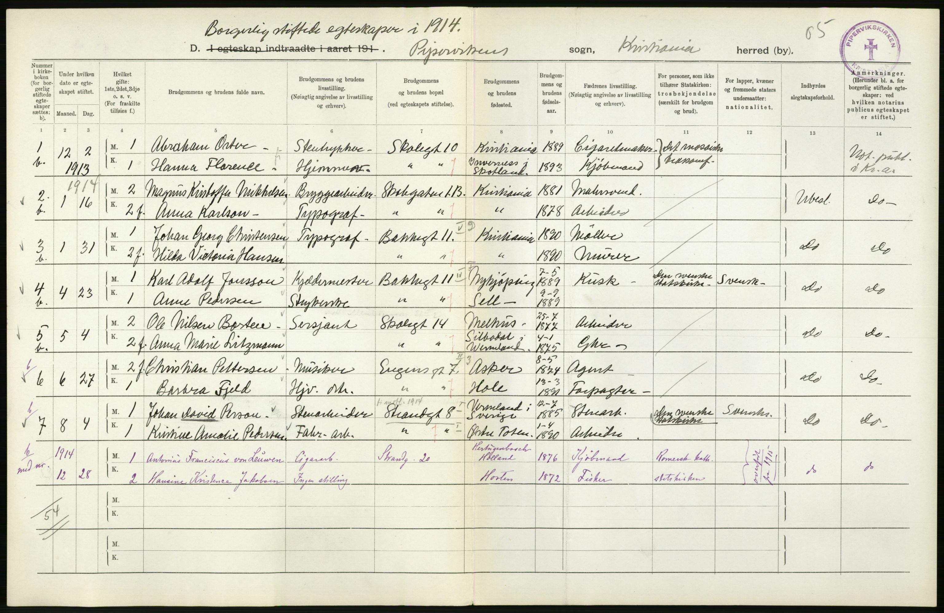 Statistisk sentralbyrå, Sosiodemografiske emner, Befolkning, RA/S-2228/D/Df/Dfb/Dfbd/L0007: Kristiania: Gifte, 1914, s. 86