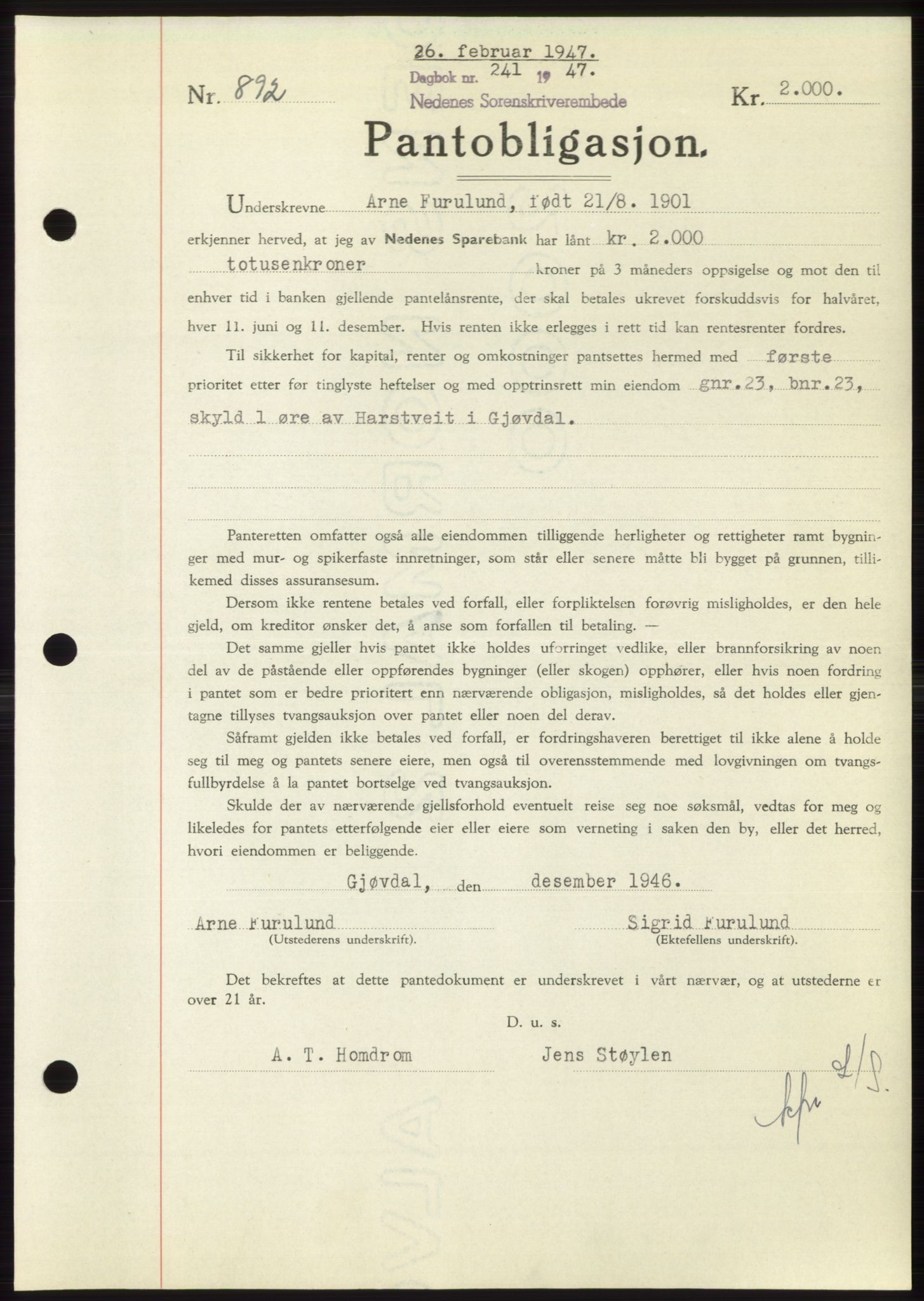 Nedenes sorenskriveri, SAK/1221-0006/G/Gb/Gbb/L0004: Pantebok nr. B4, 1947-1947, Dagboknr: 241/1947