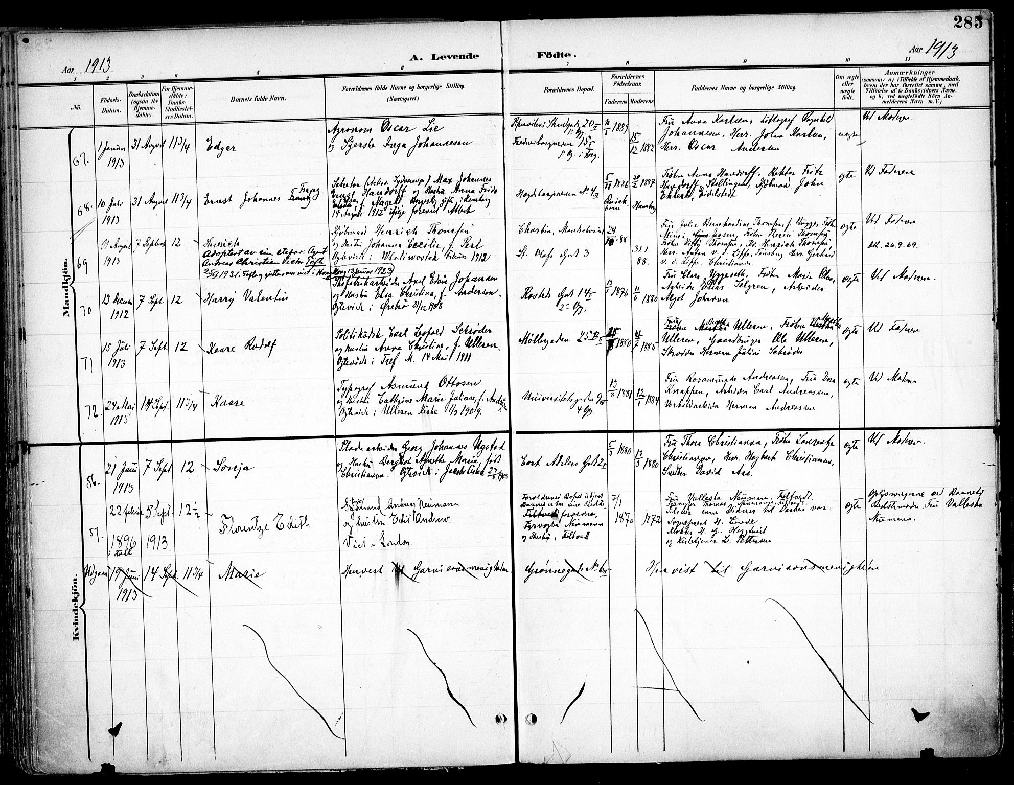 Trefoldighet prestekontor Kirkebøker, AV/SAO-A-10882/F/Fa/L0007: Ministerialbok nr. I 7, 1900-1914, s. 285