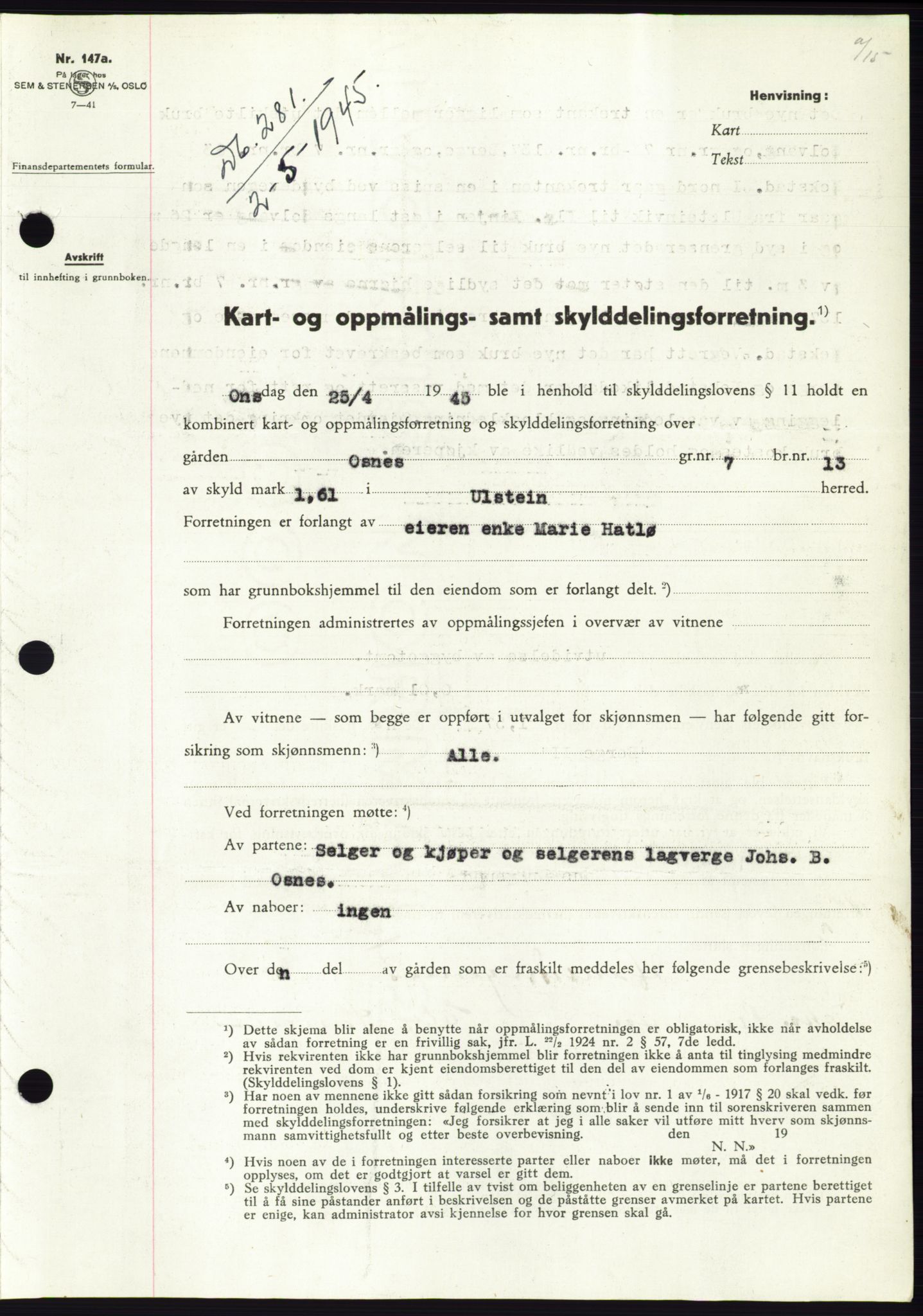 Søre Sunnmøre sorenskriveri, SAT/A-4122/1/2/2C/L0077: Pantebok nr. 3A, 1945-1946, Dagboknr: 281/1945