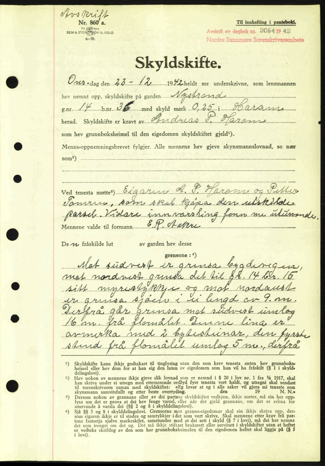 Nordre Sunnmøre sorenskriveri, AV/SAT-A-0006/1/2/2C/2Ca: Pantebok nr. A15, 1942-1943, Dagboknr: 2054/1942