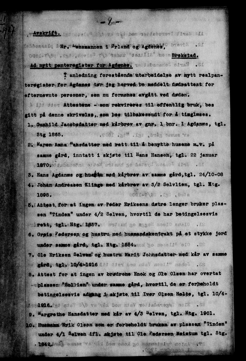Hitra sorenskriveri, AV/SAT-A-0018/2/2C/2Ca/L0008: Pantebok nr. 8, 1927-1927, s. 0-1
