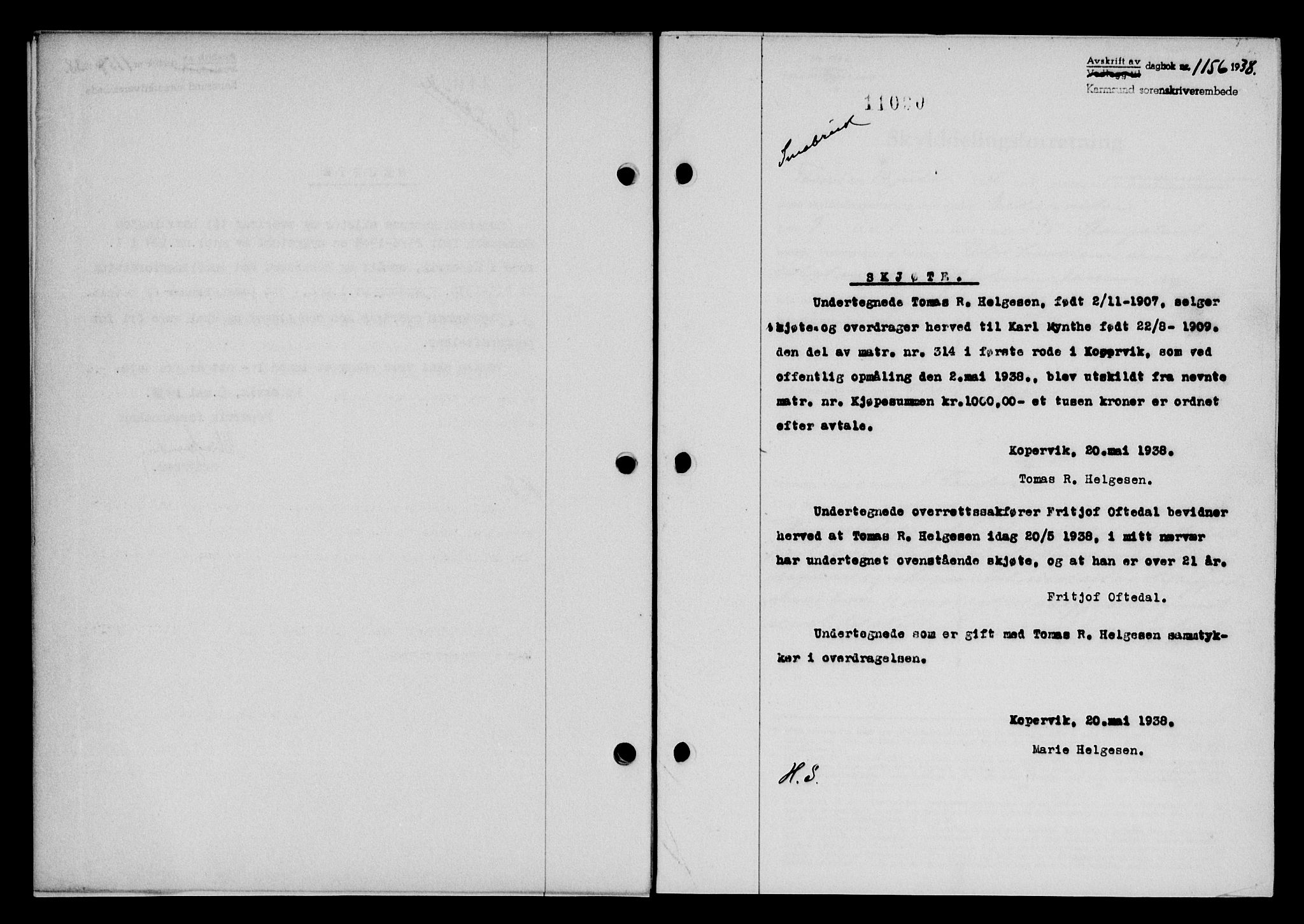 Karmsund sorenskriveri, SAST/A-100311/01/II/IIB/L0069: Pantebok nr. 50A, 1937-1938, Dagboknr: 1156/1938