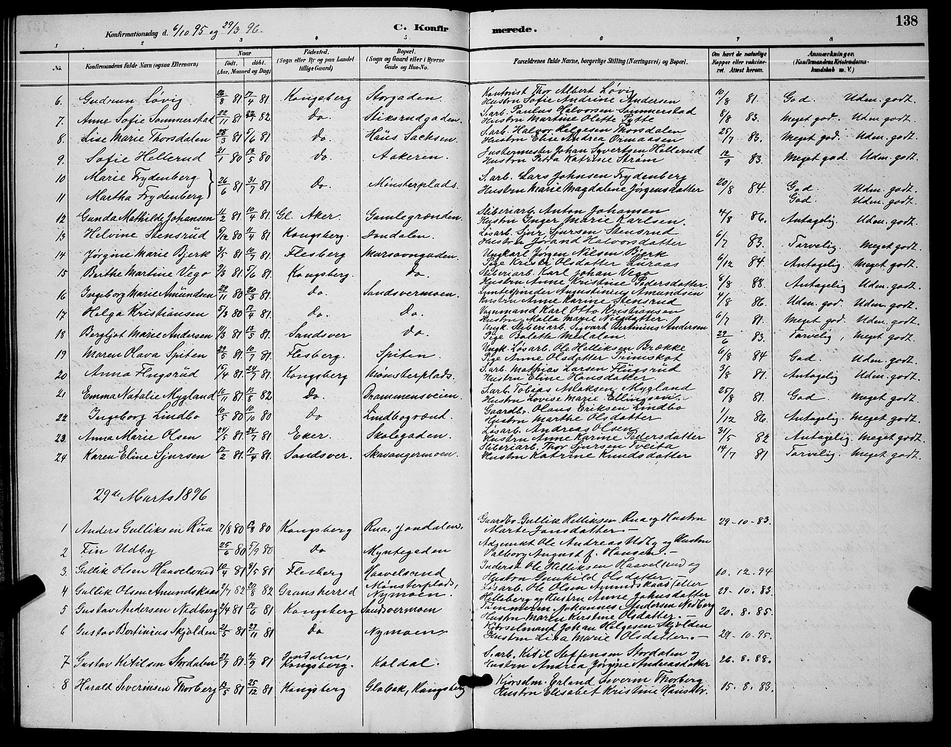 Kongsberg kirkebøker, AV/SAKO-A-22/G/Ga/L0006: Klokkerbok nr. 6, 1890-1901, s. 138